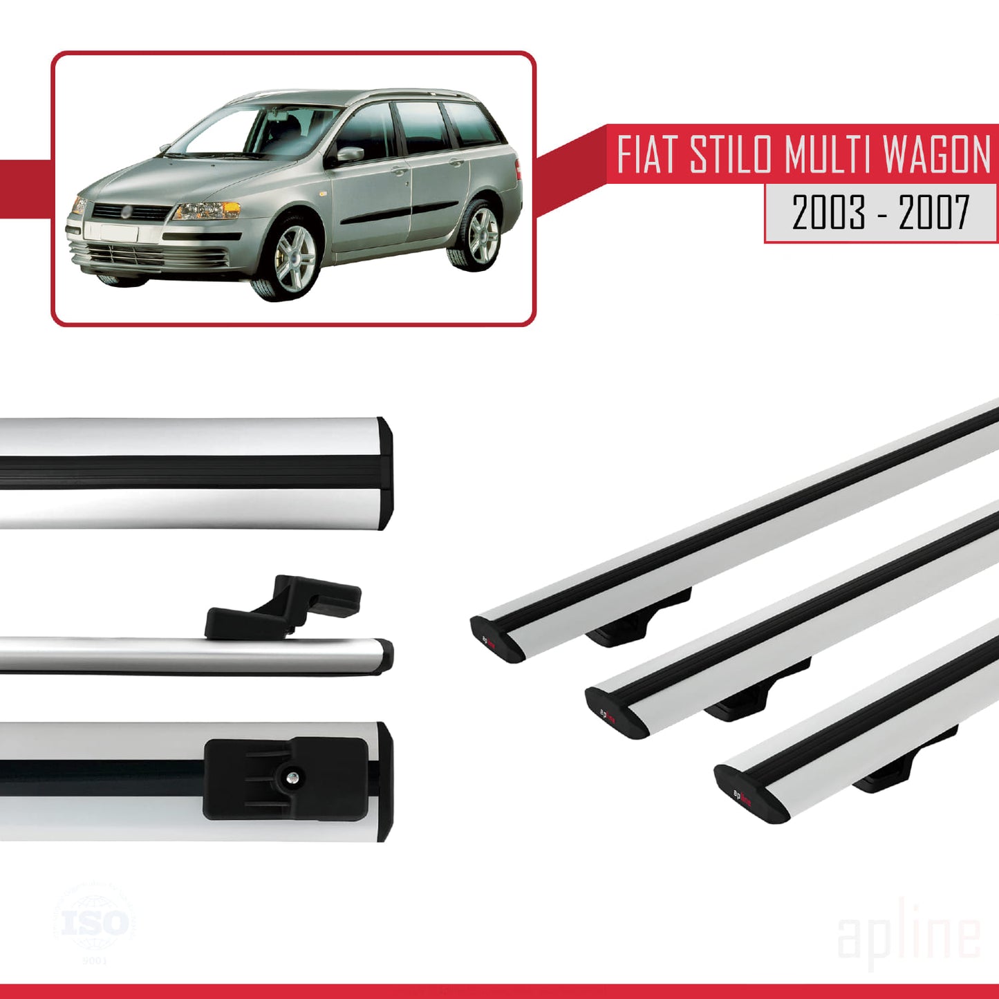 Compatible avec Fiat Stilo Multi Wagon 2003-2007 BASIC Model Barres de Toit Railing Porte-Bagages de Voiture Gris Aluminium 3 Barres