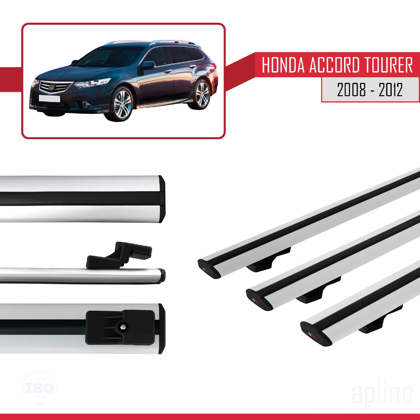 BASIC Model Dakdrager bagagedrager compatibel met Honda Accord Tourer 2008-2012 Spoorstaven Grijs Aluminium 3 Staven