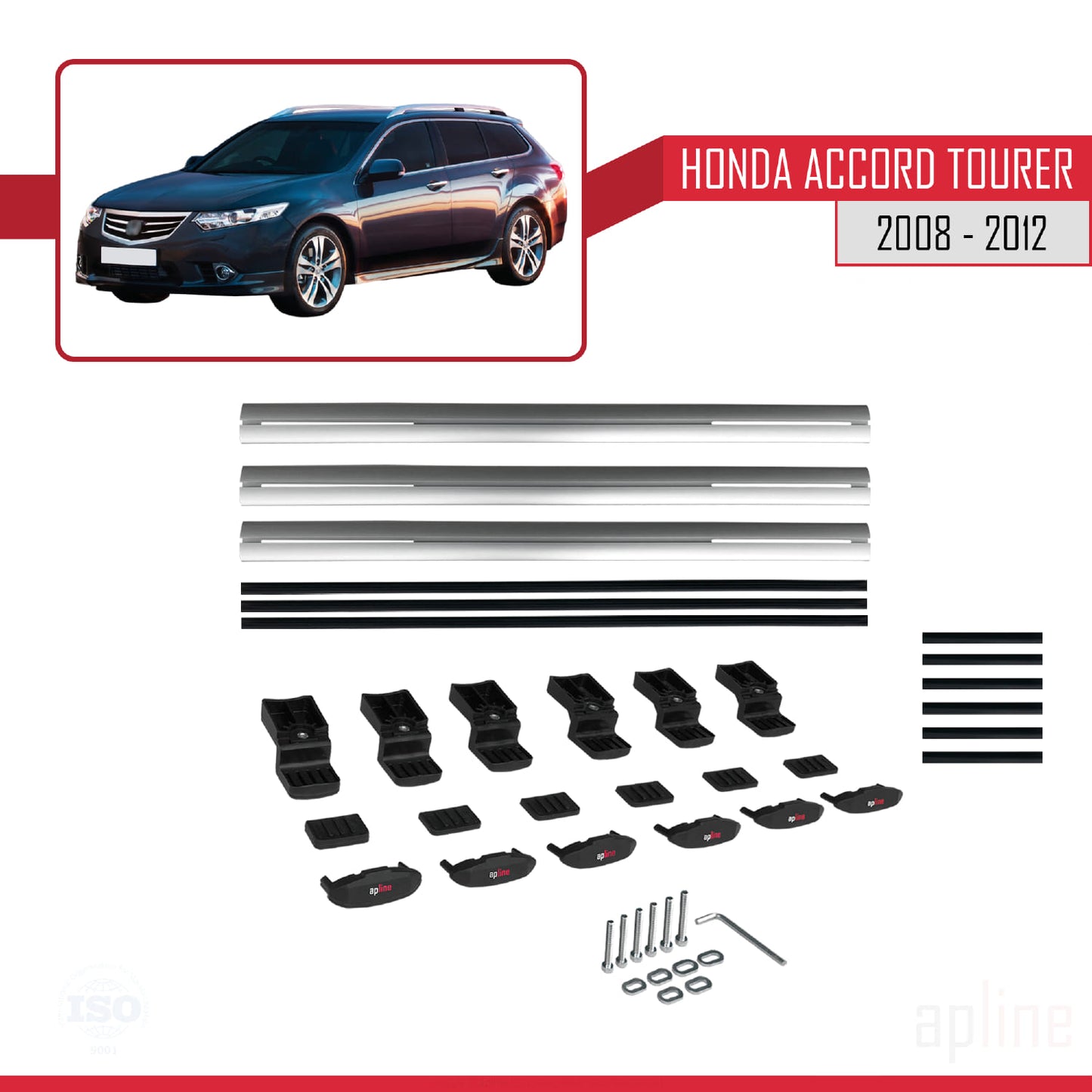 BASIC Model Dakdrager bagagedrager compatibel met Honda Accord Tourer 2008-2012 Spoorstaven Grijs Aluminium 3 Staven