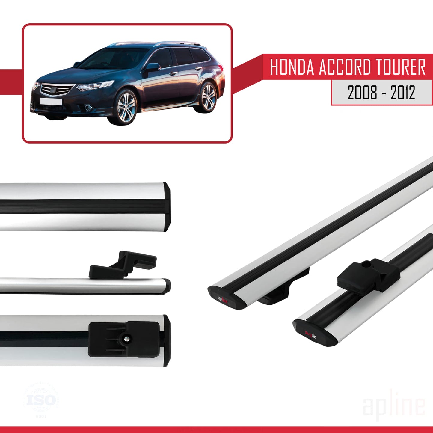 BASIC Model Dakdrager bagagedrager compatibel met Honda Accord Tourer 2008-2012 Spoorstaven Grijs Aluminium 2 Staven