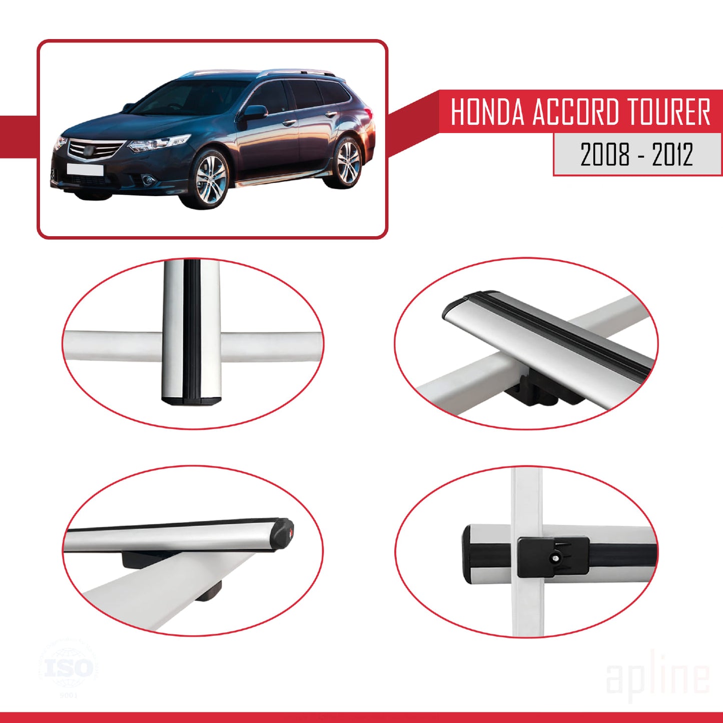 BASIC Model Dakdrager bagagedrager compatibel met Honda Accord Tourer 2008-2012 Spoorstaven Grijs Aluminium 2 Staven