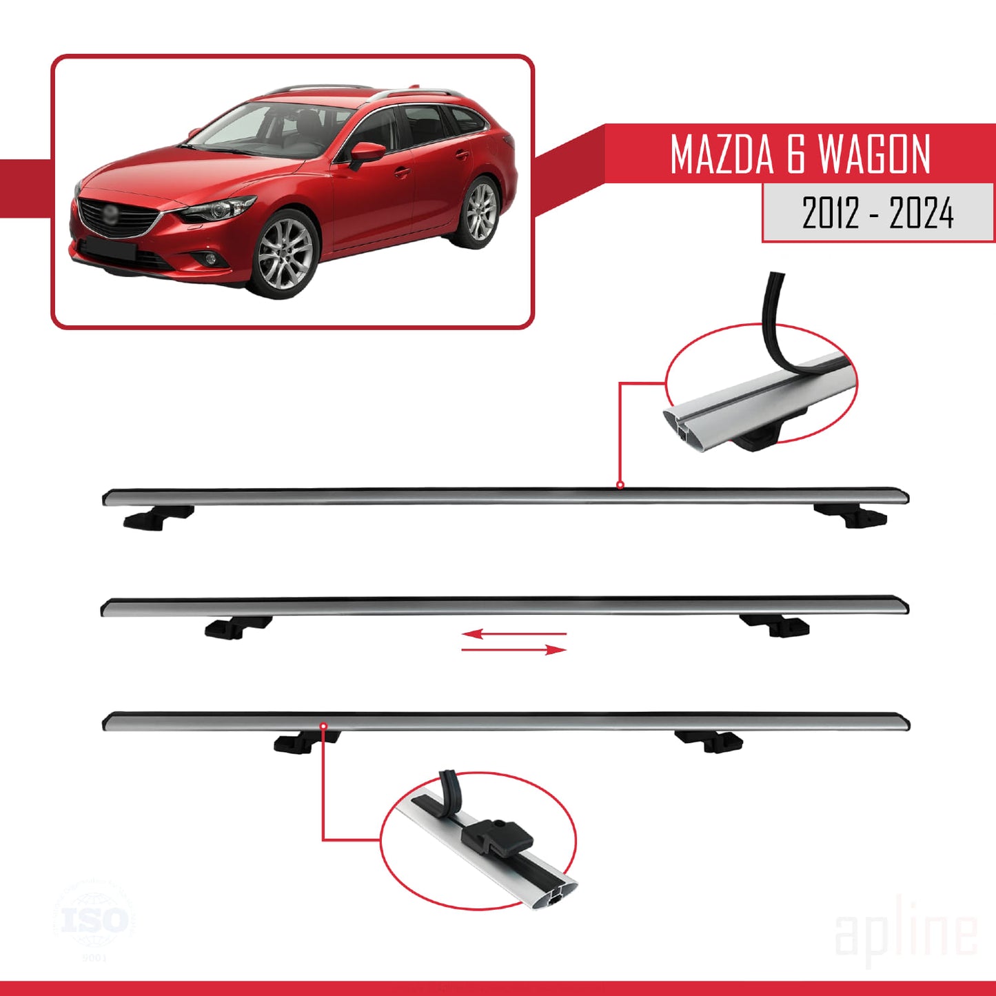 Compatible avec Mazda 6 Wagon 2012-2024 BASIC Model Barres de Toit Railing Porte-Bagages de Voiture Gris Aluminium 3 Barres