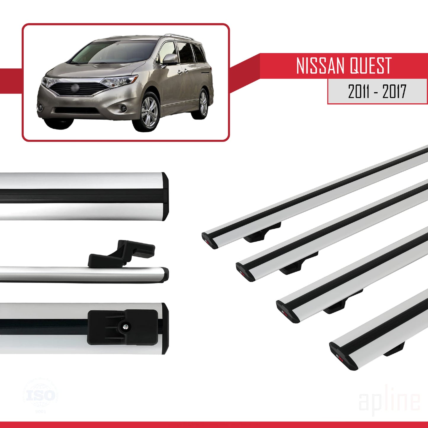 Compatible avec Nissan Quest 2011-2017 BASIC Model Barres de Toit Railing Porte-Bagages de Voiture Gris Aluminium 4 Barres
