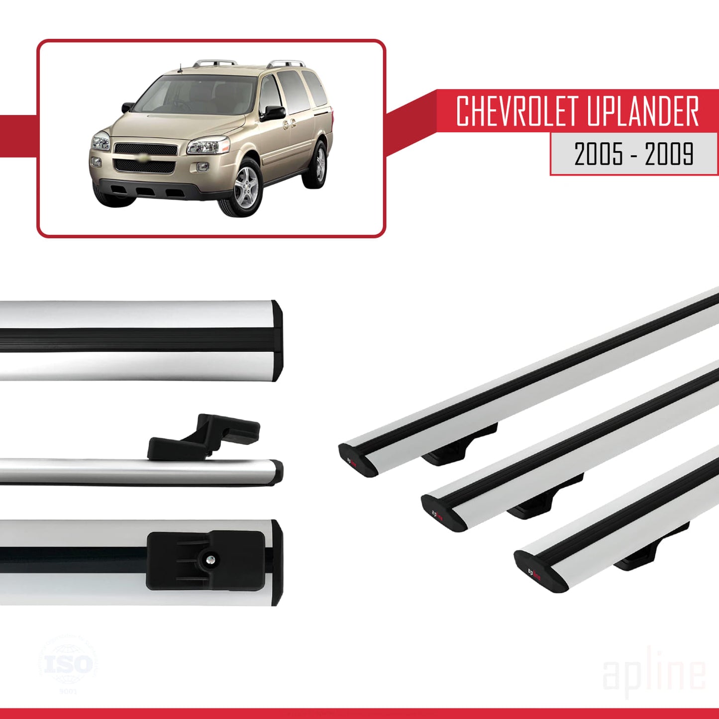 BASIC Model Dakdrager bagagedrager compatibel met Chevrolet Uplander 2005-2009 Spoorstaven Grijs Aluminium 3 Staven