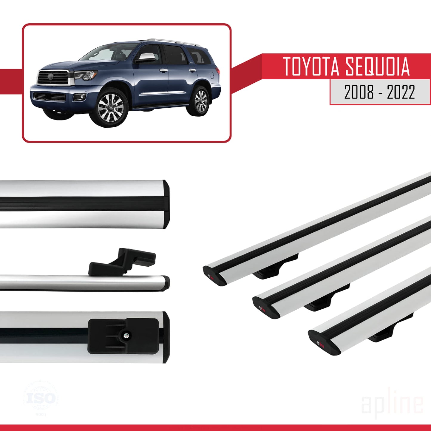 Compatible avec Toyota Sequoia 2008-2022 BASIC Model Barres de Toit Railing Porte-Bagages de Voiture Gris Aluminium 3 Barres