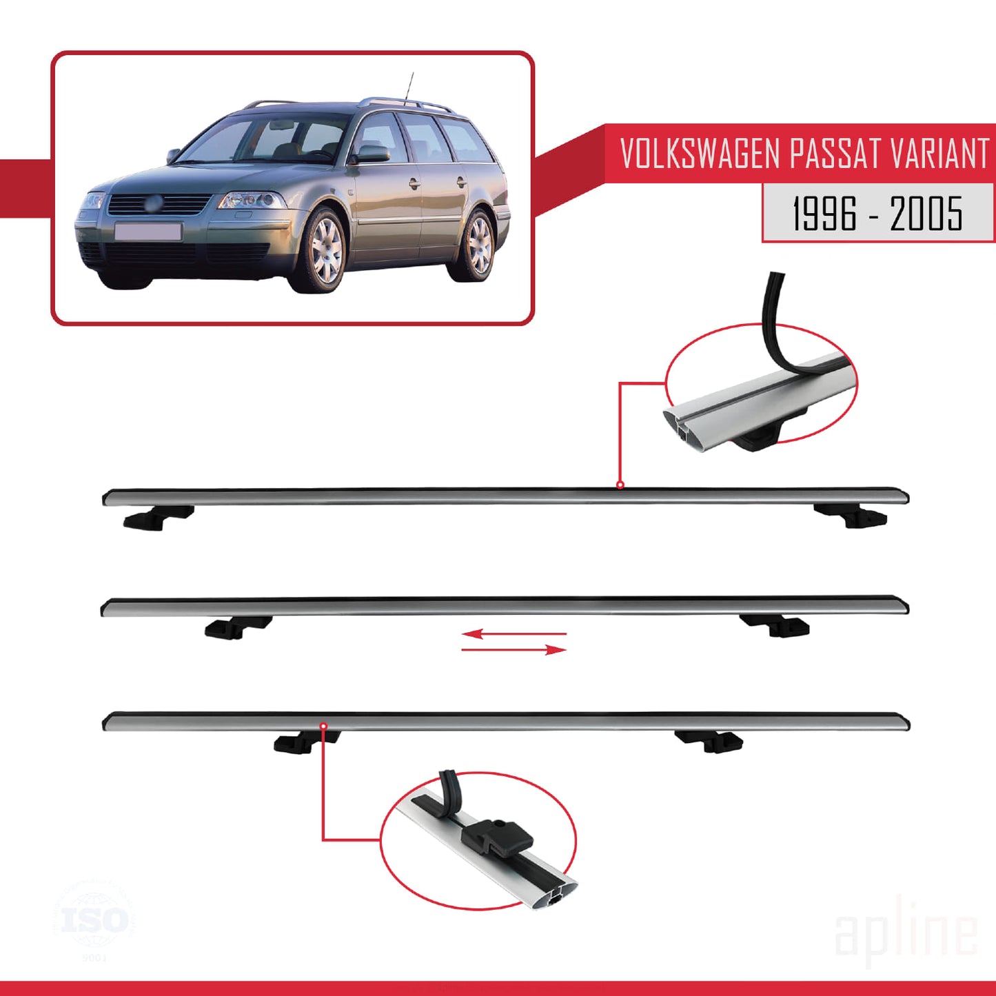 Compatible avec VW Passat B5 Variant 1996-2005 BASIC Model Barres de Toit Railing Porte-Bagages de Voiture Gris Aluminium 3 Barres