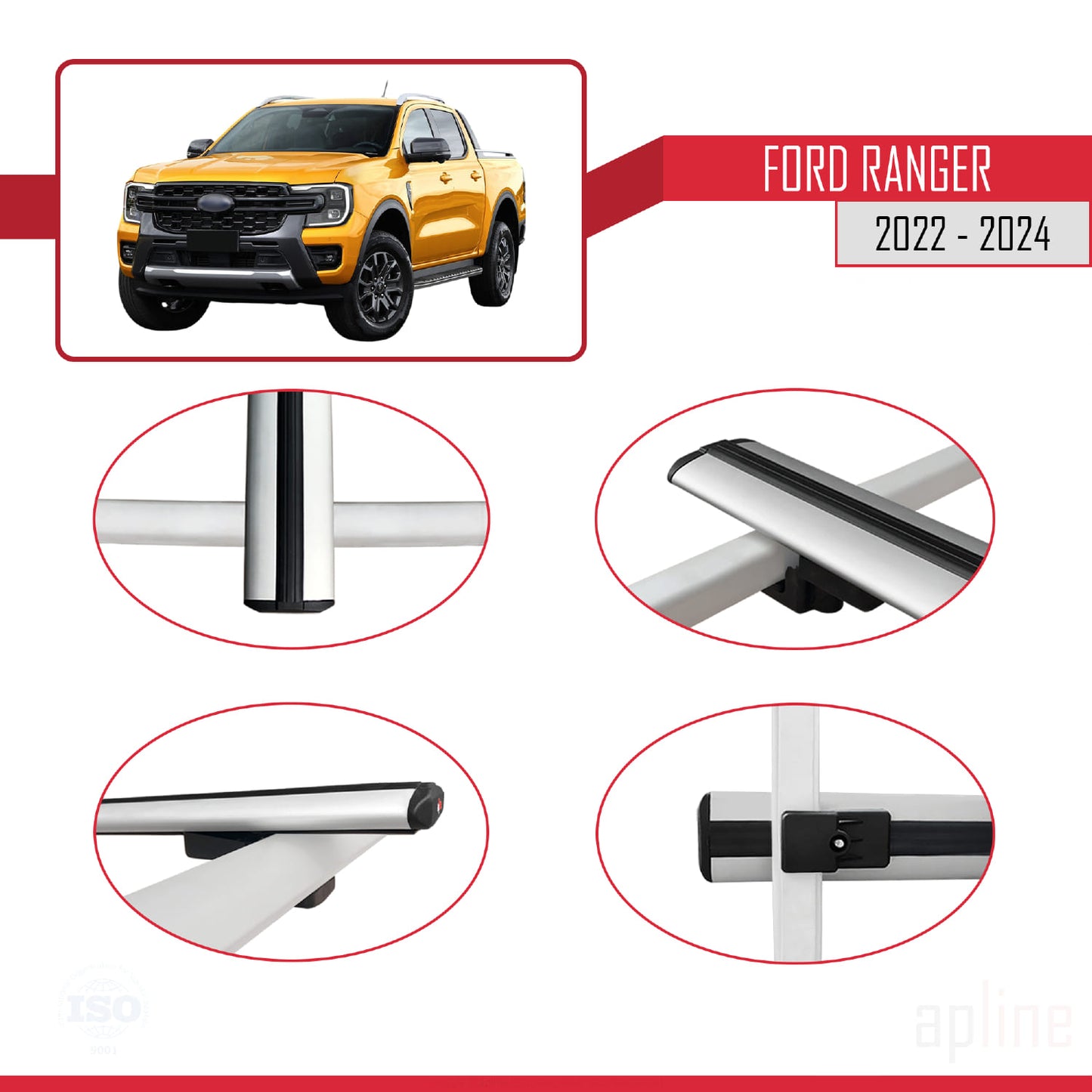 Compatible avec Ford Ranger (P703) 2022-2024 BASIC Model Barres de Toit Railing Porte-Bagages de Voiture Gris Aluminium 3 Barres