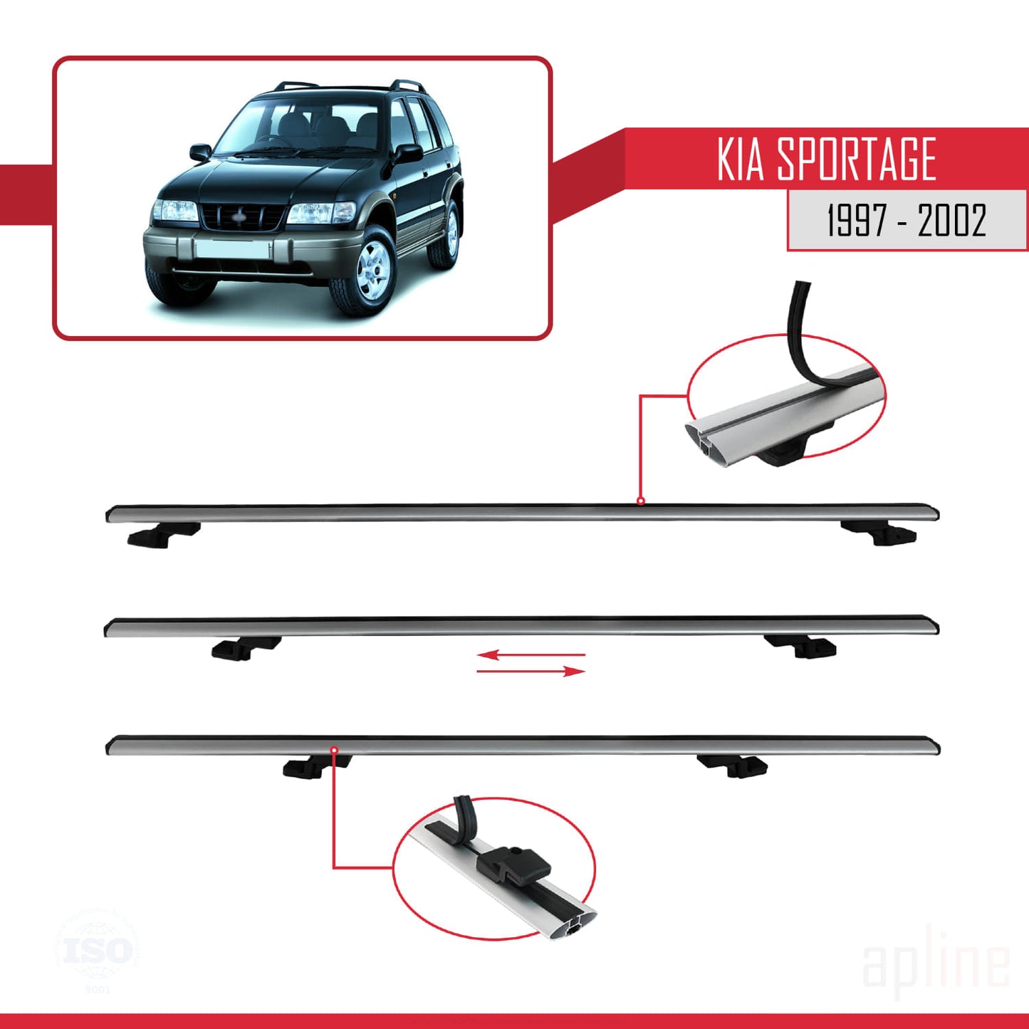 BASIC Model Dakdrager bagagedrager compatibel met Kia Sportage 1997-2002 Spoorstaven Grijs Aluminium 3 Staven