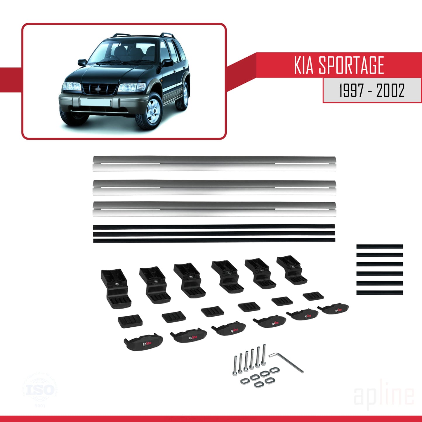 BASIC Model Dakdrager bagagedrager compatibel met Kia Sportage 1997-2002 Spoorstaven Grijs Aluminium 3 Staven