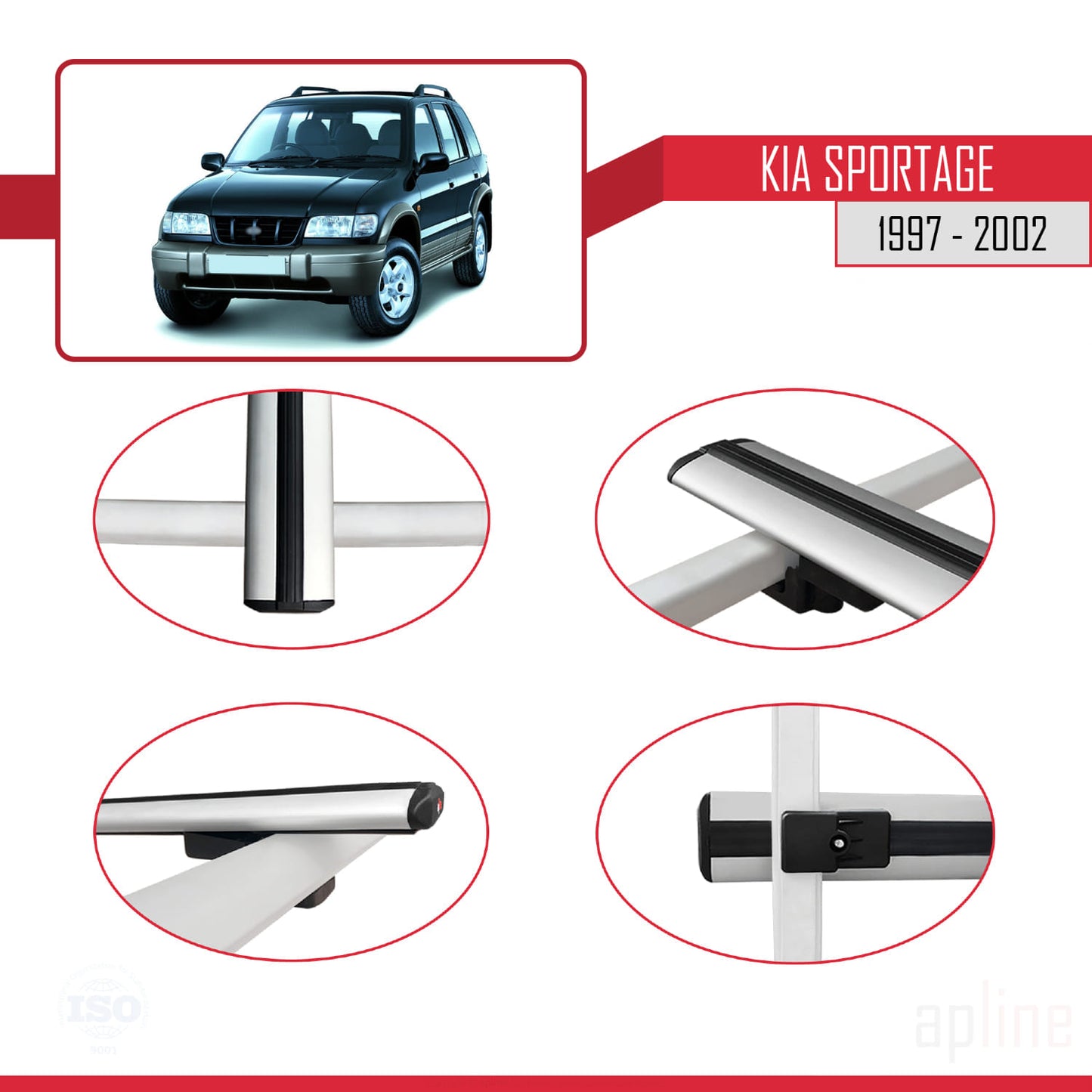 BASIC Model Dakdrager bagagedrager compatibel met Kia Sportage 1997-2002 Spoorstaven Grijs Aluminium 2 Staven