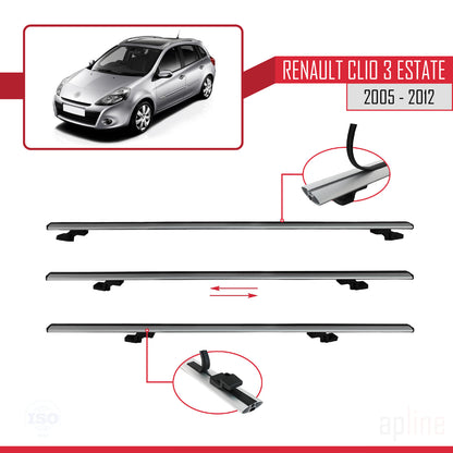 Compatible avec Renault Clio 3 Estate 2005-2012 BASIC Model Barres de Toit Railing Porte-Bagages de Voiture Gris Aluminium 2 Barres
