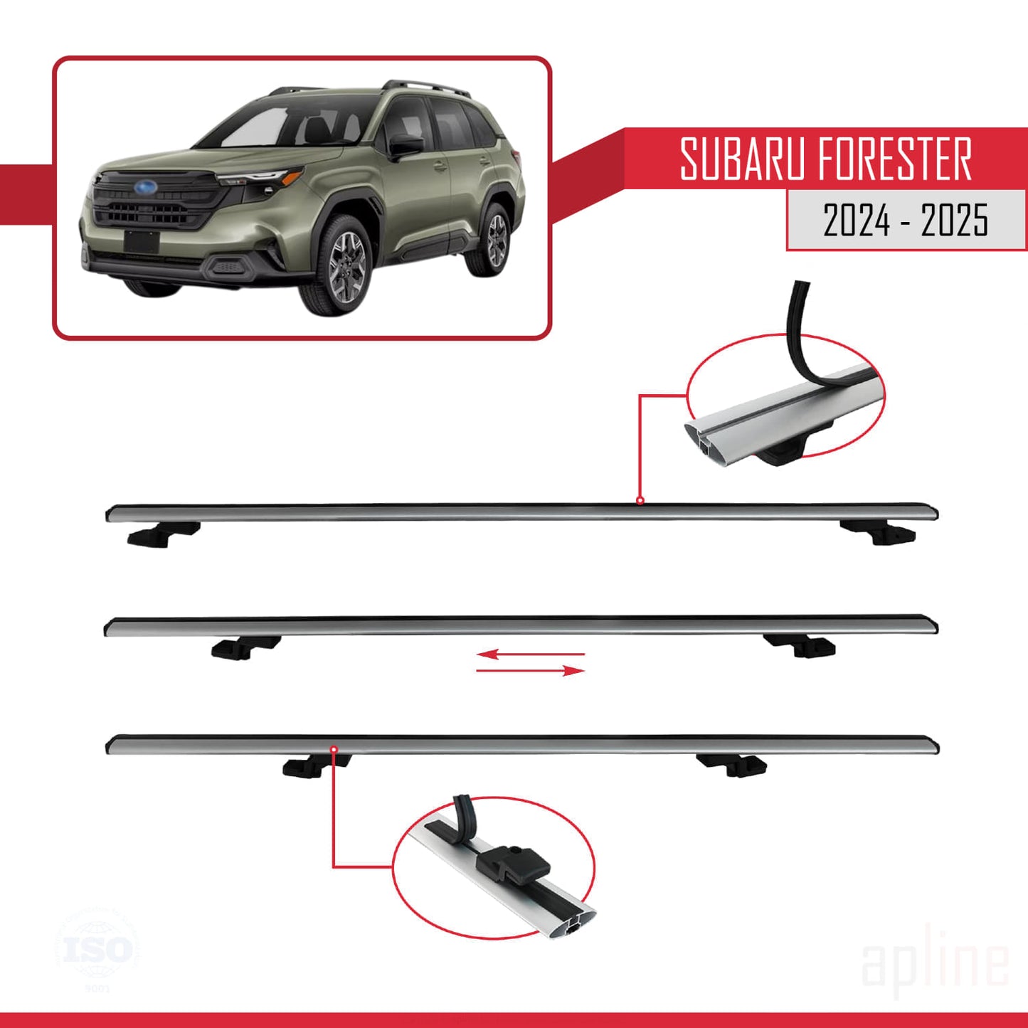 Compatible avec Subaru Forester 2024-2025 BASIC Model Barres de Toit Relevé (Raised Roof) Railing Porte-Bagages de Voiture Gris Aluminium 3 Barres