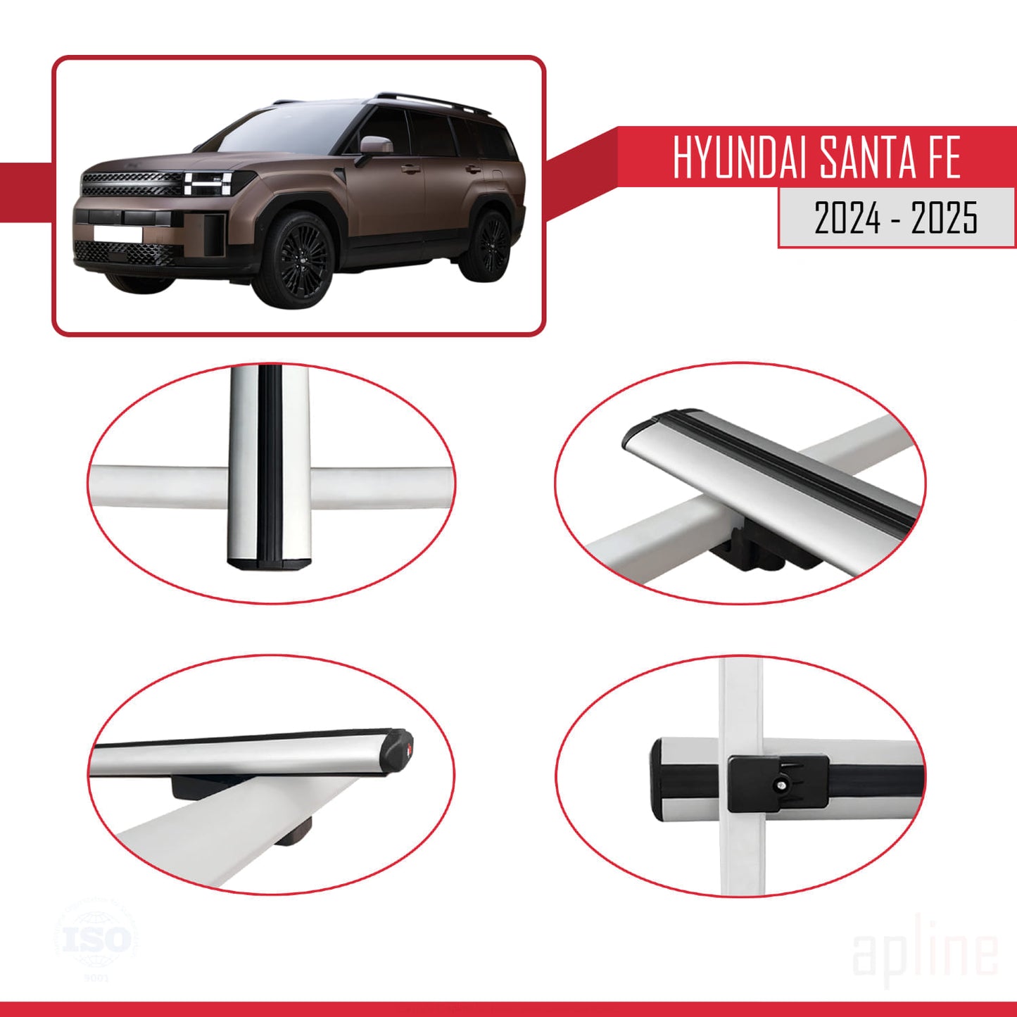 Compatible avec Hyundai Santa Fe 2024-2025 BASIC Model Barres de Toit Railing Porte-Bagages de Voiture Gris Aluminium 3 Barres