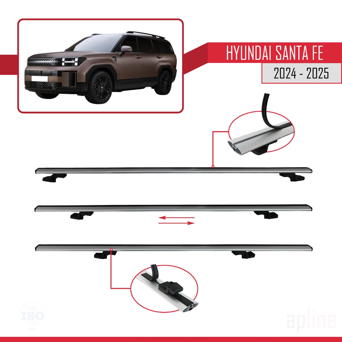 Compatible avec Hyundai Santa Fe 2024-2025 BASIC Model Barres de Toit Railing Porte-Bagages de Voiture Gris Aluminium 2 Barres