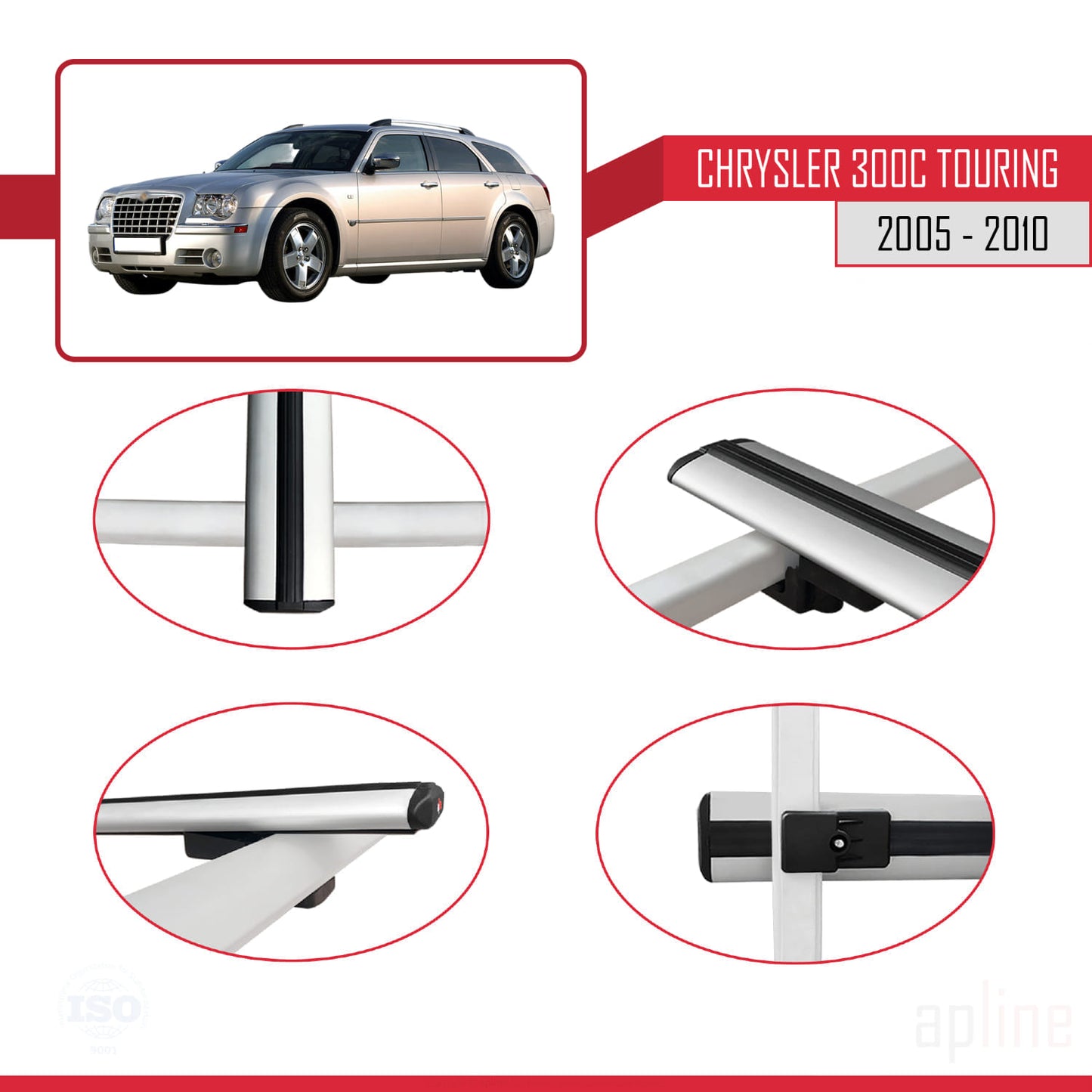 Compatible with Chrysler 300C Touring 2005-2010 BASIC Model Car Roof Rack Cross Bar Grey Aluminium 3 Bars