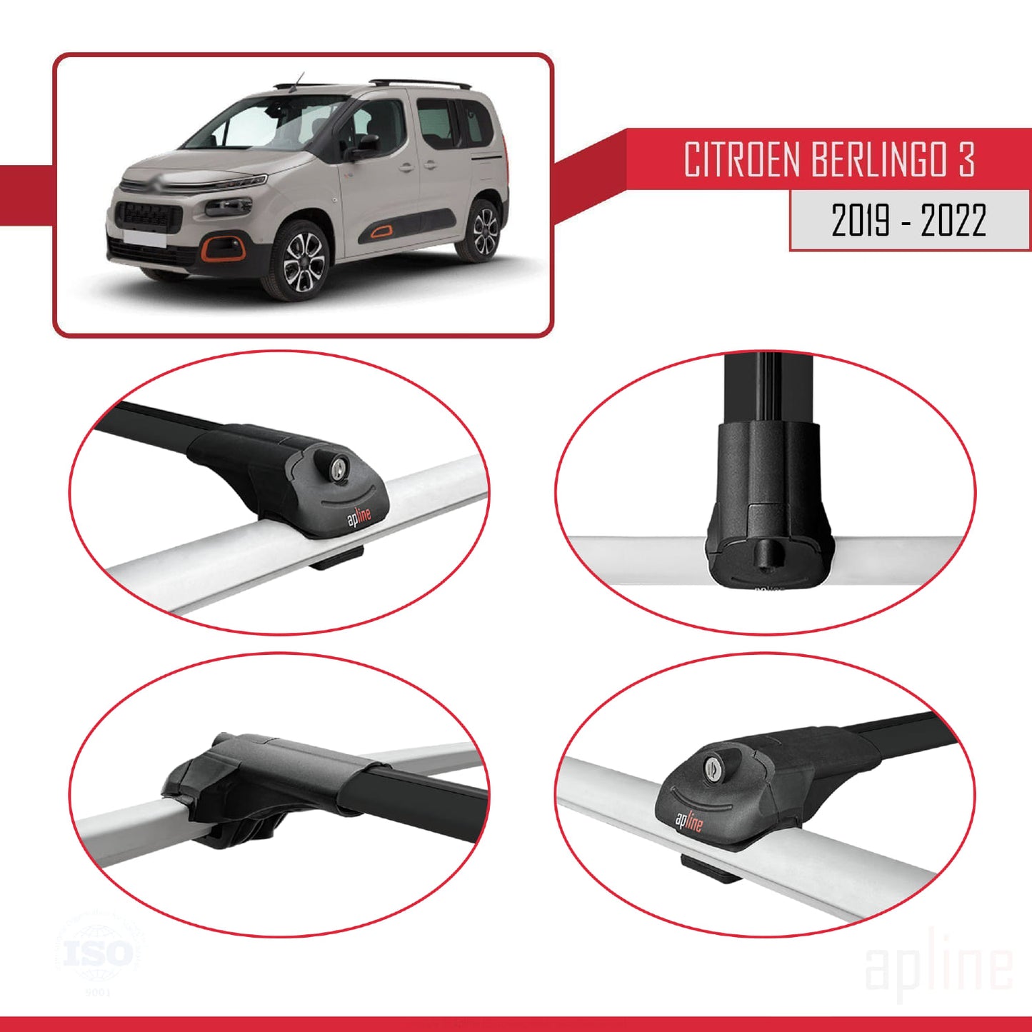 Compatible avec Citroen Berlingo 3 (K9) 2019-2022 ACE-1 Barres de Toit Railing Porte-Bagages de Voiture Noir Aluminium 4 Barres