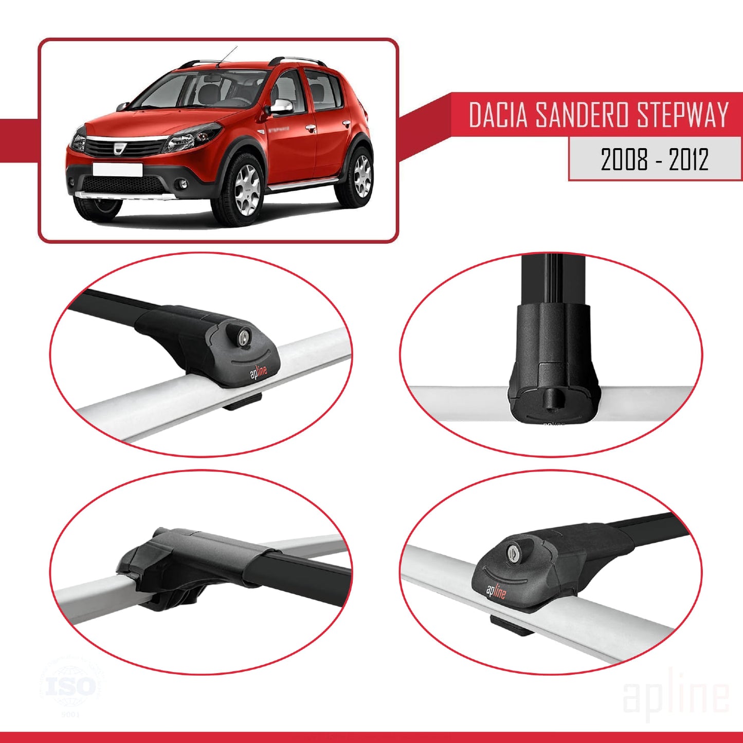 Compatible avec Dacia Sandero Stepway 2008-2012 ACE-1 Barres de Toit Railing Porte-Bagages de Voiture Noir Aluminium 3 Barres