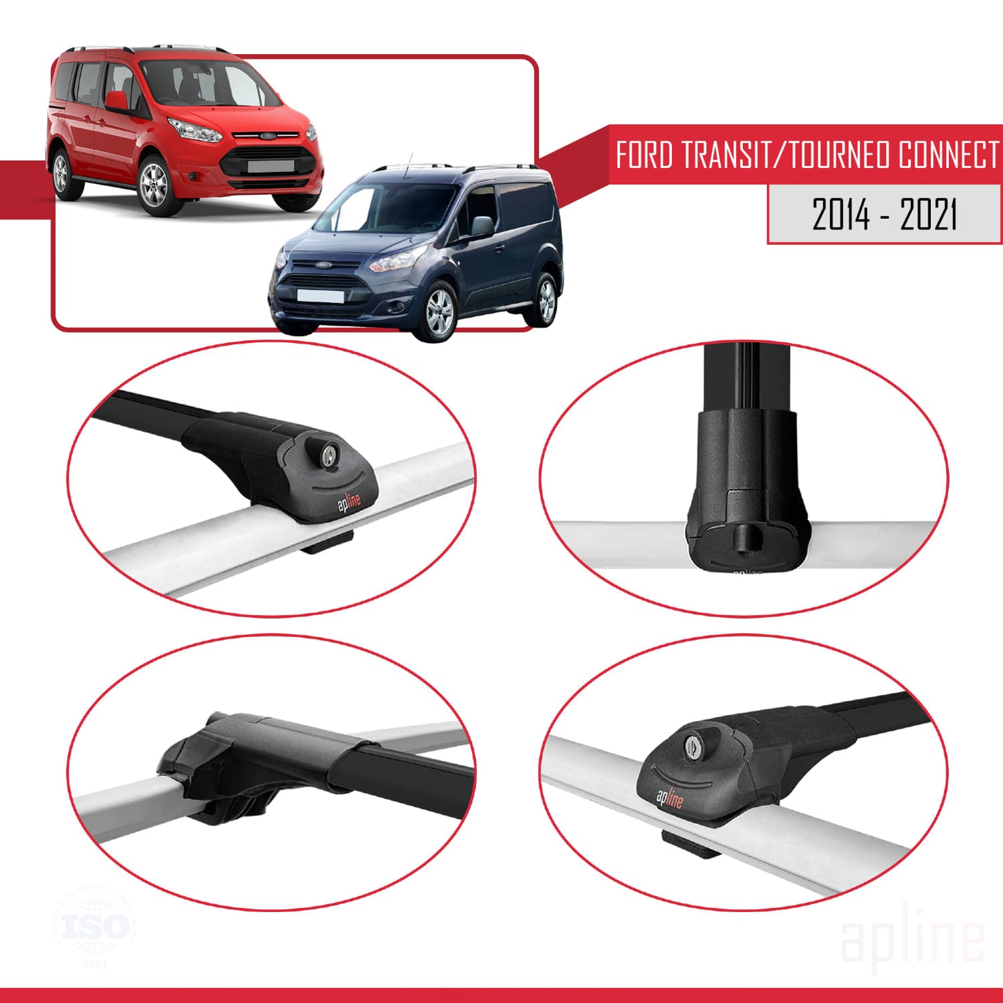 Compatible with Ford Transit/Tourneo Connect 2 2014-2021 ACE-1 Car Roof Rack Cross Bar Black Aluminium 2 Bars