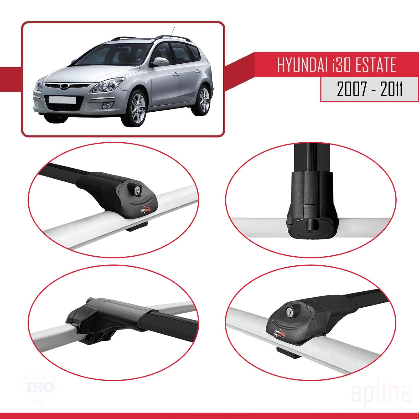 Compatible with Hyundai i30 (FD) SW 2007-2011 ACE-1 Car Roof Rack Cross Bar Black Aluminium 3 Bars