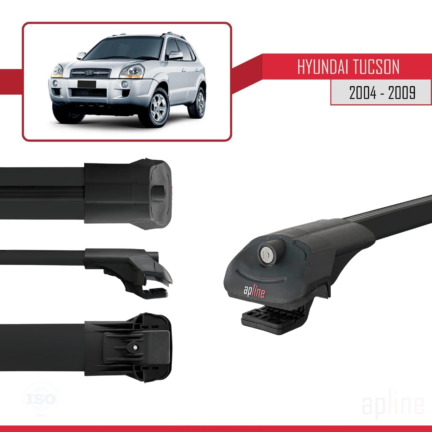 ACE-1 Dakdrager bagagedrager compatibel met Hyundai Tucson (JM) 2004-2009 Spoorstaven Zwart Aluminium 2 Staven