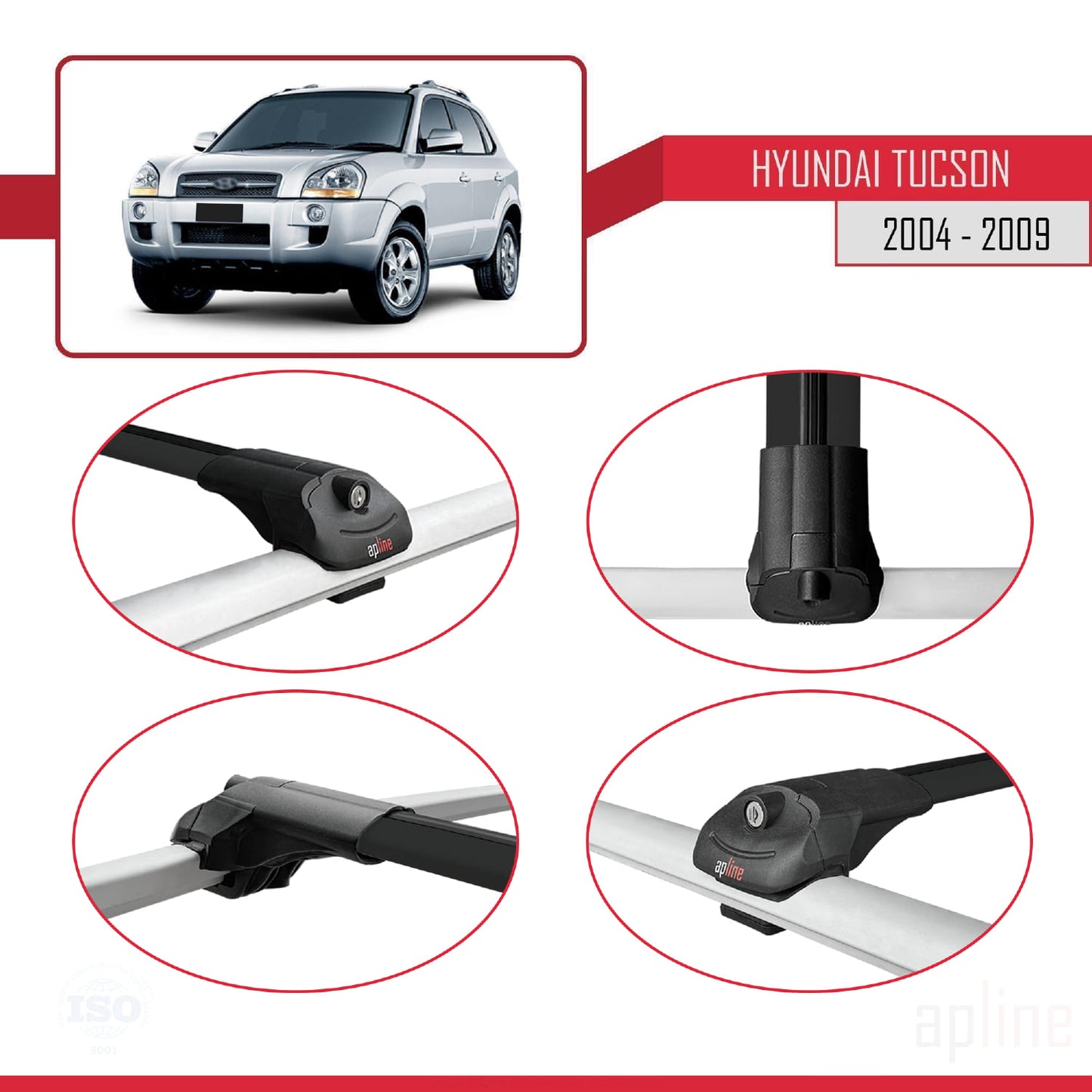 ACE-1 Dakdrager bagagedrager compatibel met Hyundai Tucson (JM) 2004-2009 Spoorstaven Zwart Aluminium 2 Staven