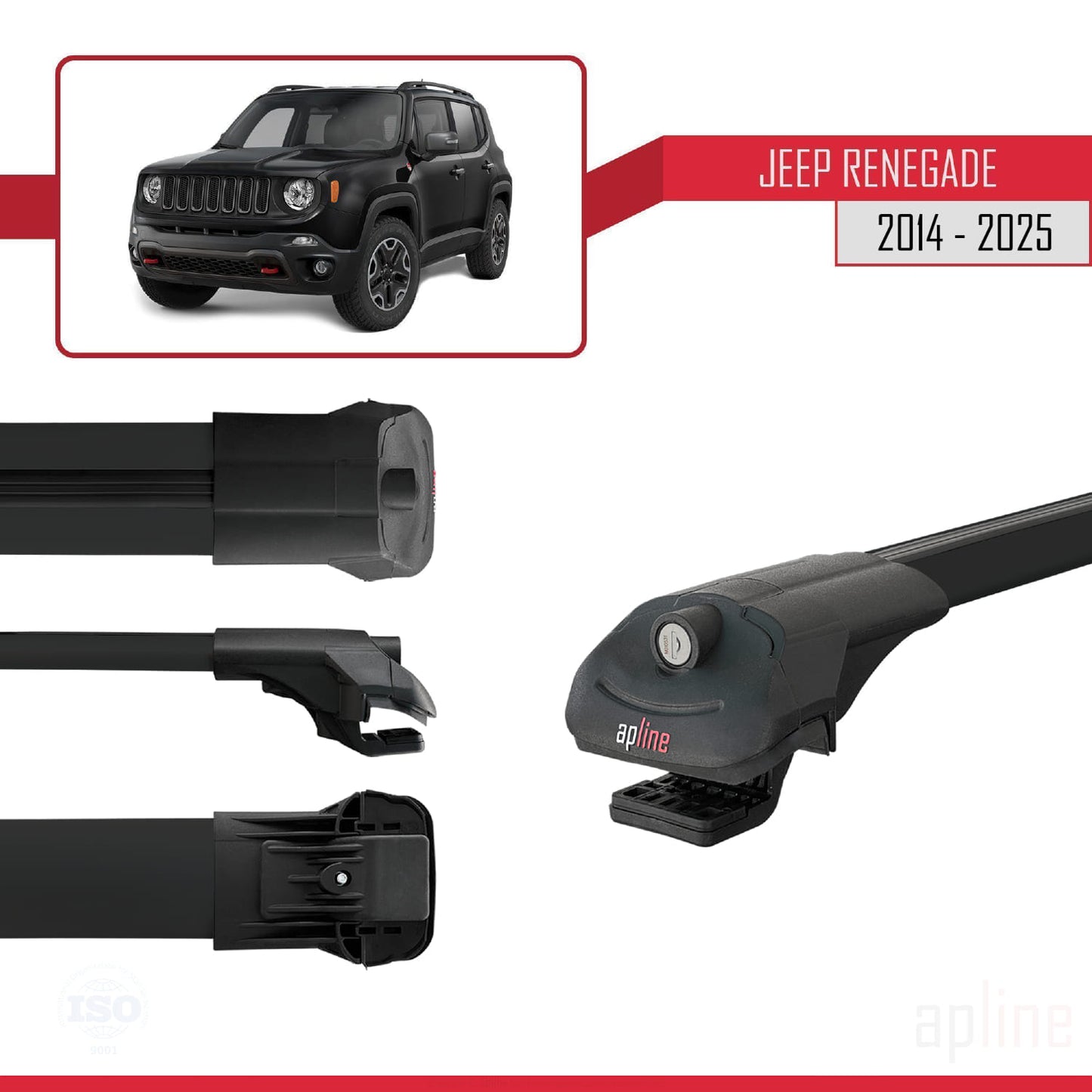Compatible with Jeep Renegade (BU) 2014-2025 ACE-1 Car Roof Rack Cross Bar Black Aluminium 3 Bars