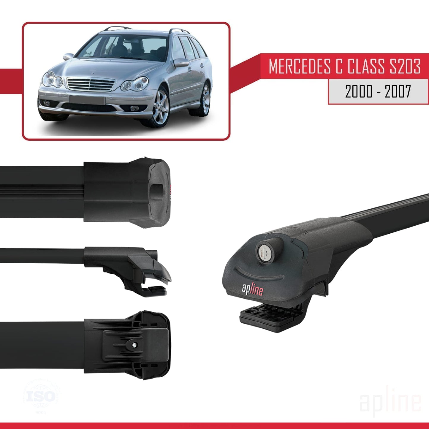 Compatible avec Mercedes Classe C 2 (S203) 2000-2007 ACE-1 Barres de Toit Railing Porte-Bagages de Voiture Noir Aluminium 3 Barres