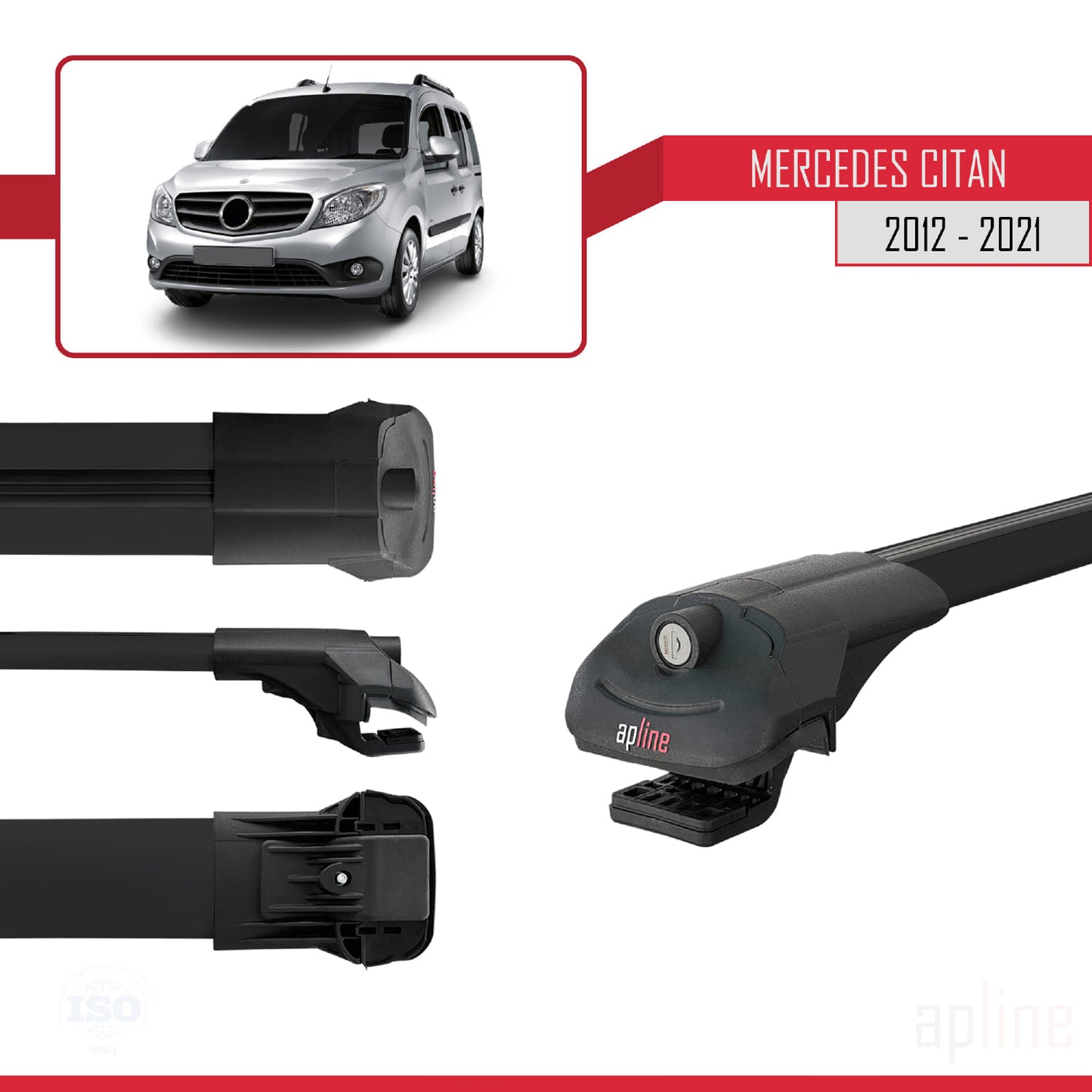 Compatible avec Mercedes Citan (W415) 2012-2021 ACE-1 Barres de Toit Railing Porte-Bagages de Voiture Noir Aluminium 3 Barres