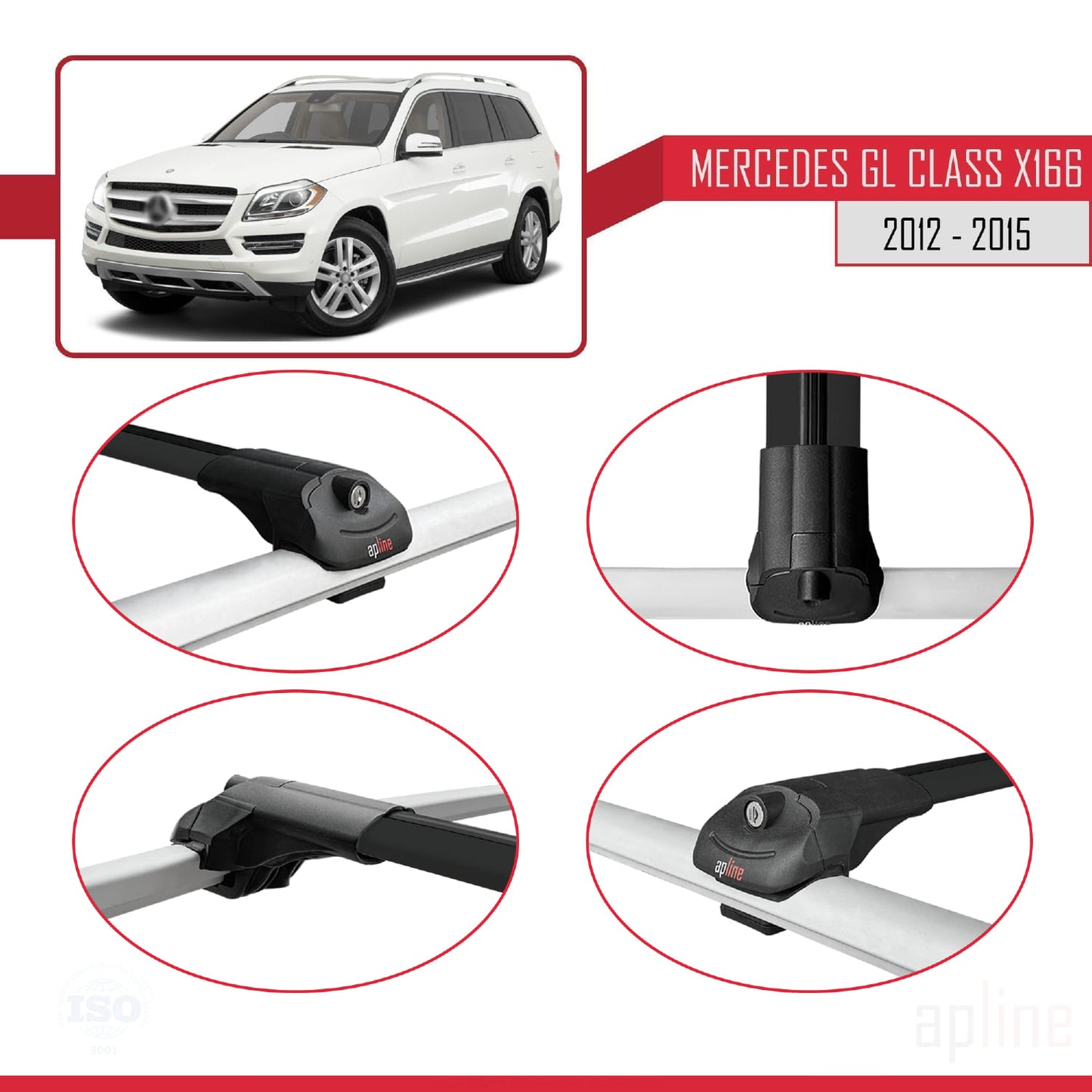 Compatible avec Mercedes Classe GL 2 (X166) Pre-Facelift 2013-2015 ACE-1 Barres de Toit Railing Porte-Bagages de Voiture Noir Aluminium 2 Barres