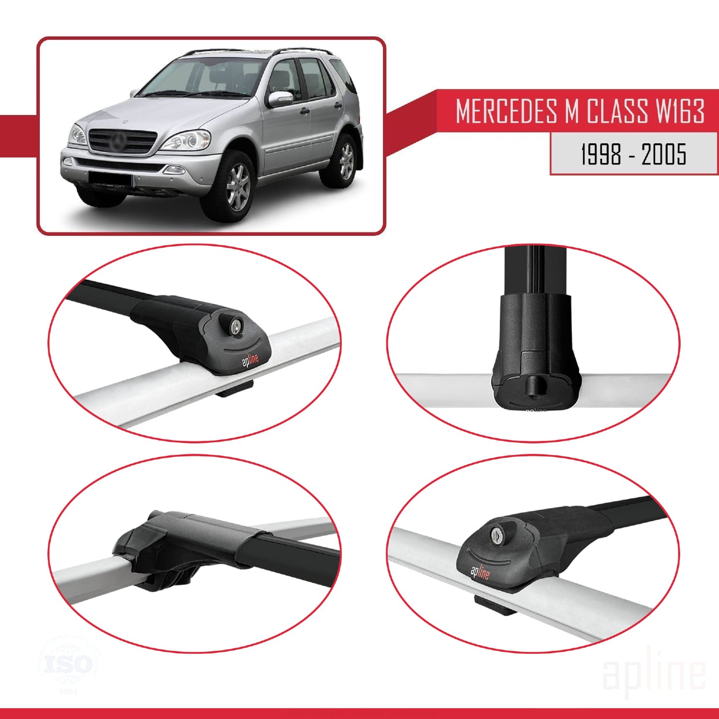 Compatible with Mercedes M Class (W163) 1998-2005 ACE-1 Car Roof Rack Cross Bar Black Aluminium 3 Bars