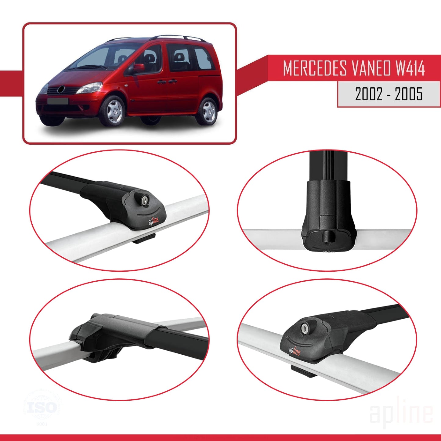 Compatible with Mercedes Vaneo (W414) 2002-2005 ACE-1 Car Roof Rack Cross Bar Black Aluminium 3 Bars