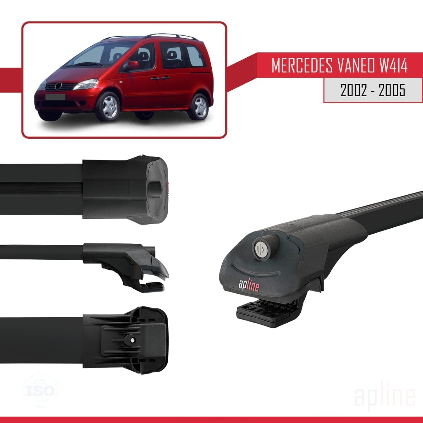 Compatible with Mercedes Vaneo (W414) 2002-2005 ACE-1 Car Roof Rack Cross Bar Black Aluminium 4 Bars