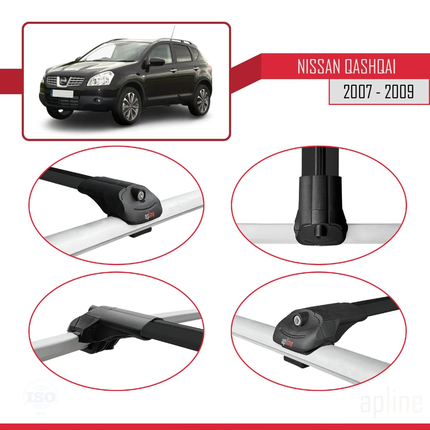 Compatible avec Nissan Qashqai (J10) Pre-Facelift 2007-2009 ACE-1 Barres de Toit Railing Porte-Bagages de Voiture Noir Aluminium 3 Barres