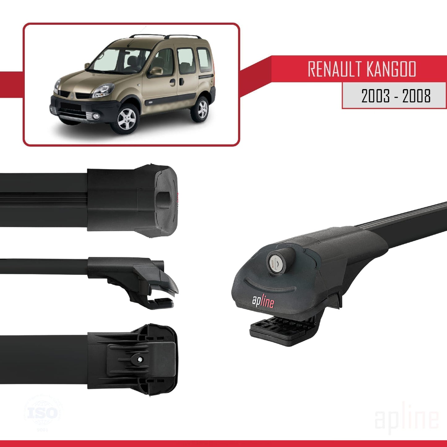 Compatible with Renault Kangoo (X76) Post-Facelift 2003-2008 ACE-1 Car Roof Rack Cross Bar Black Aluminium 2 Bars