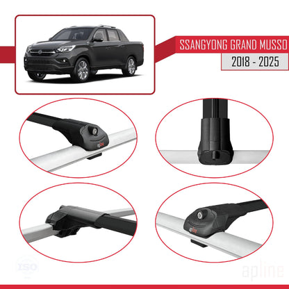 Compatible avec Ssangyong Grand Musso 2018-2025 ACE-1 Barres de Toit Railing Porte-Bagages de Voiture Noir Aluminium 2 Barres
