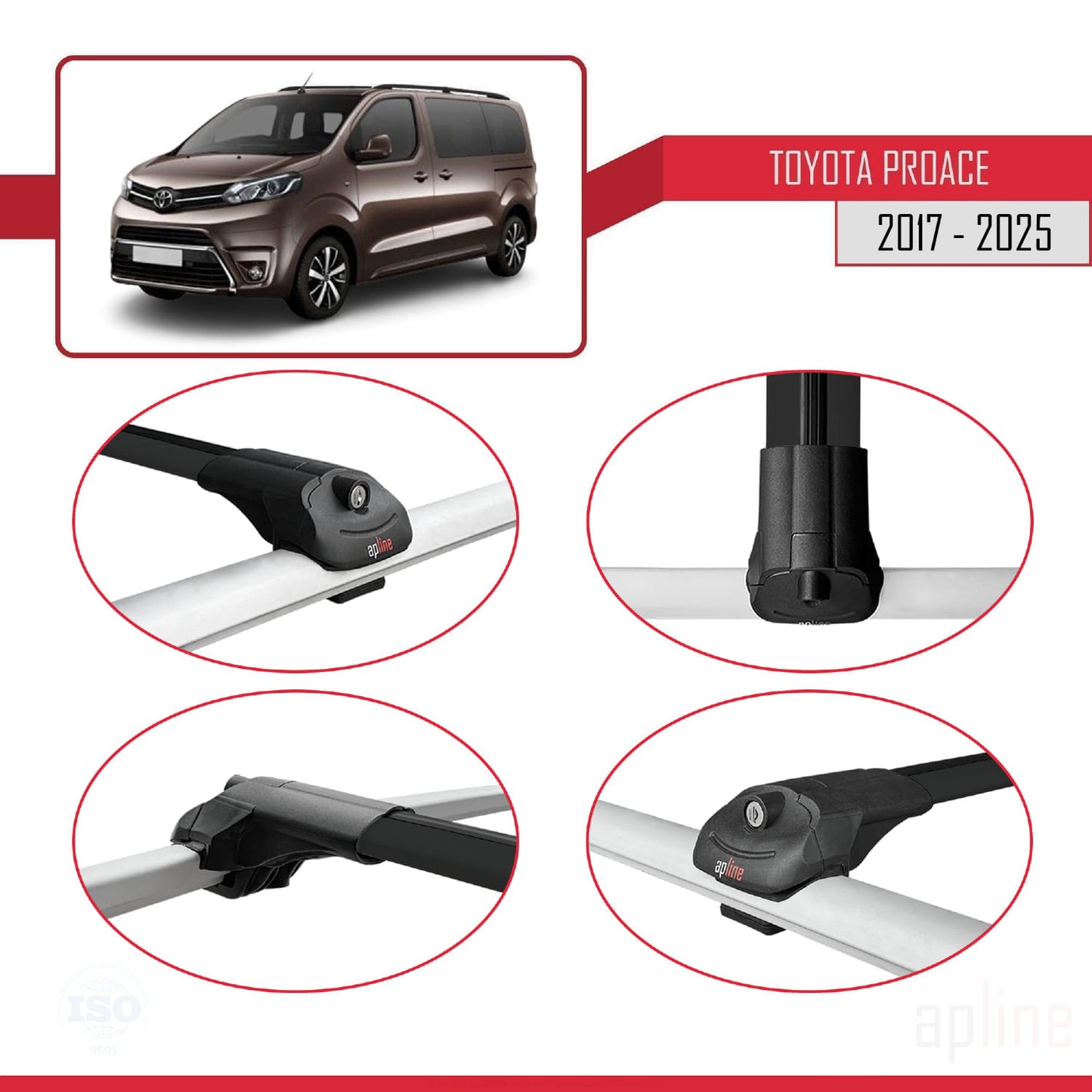 Compatible avec Toyota Proace 2017-2025 ACE-1 Barres de Toit Railing Porte-Bagages de Voiture Noir Aluminium 2 Barres