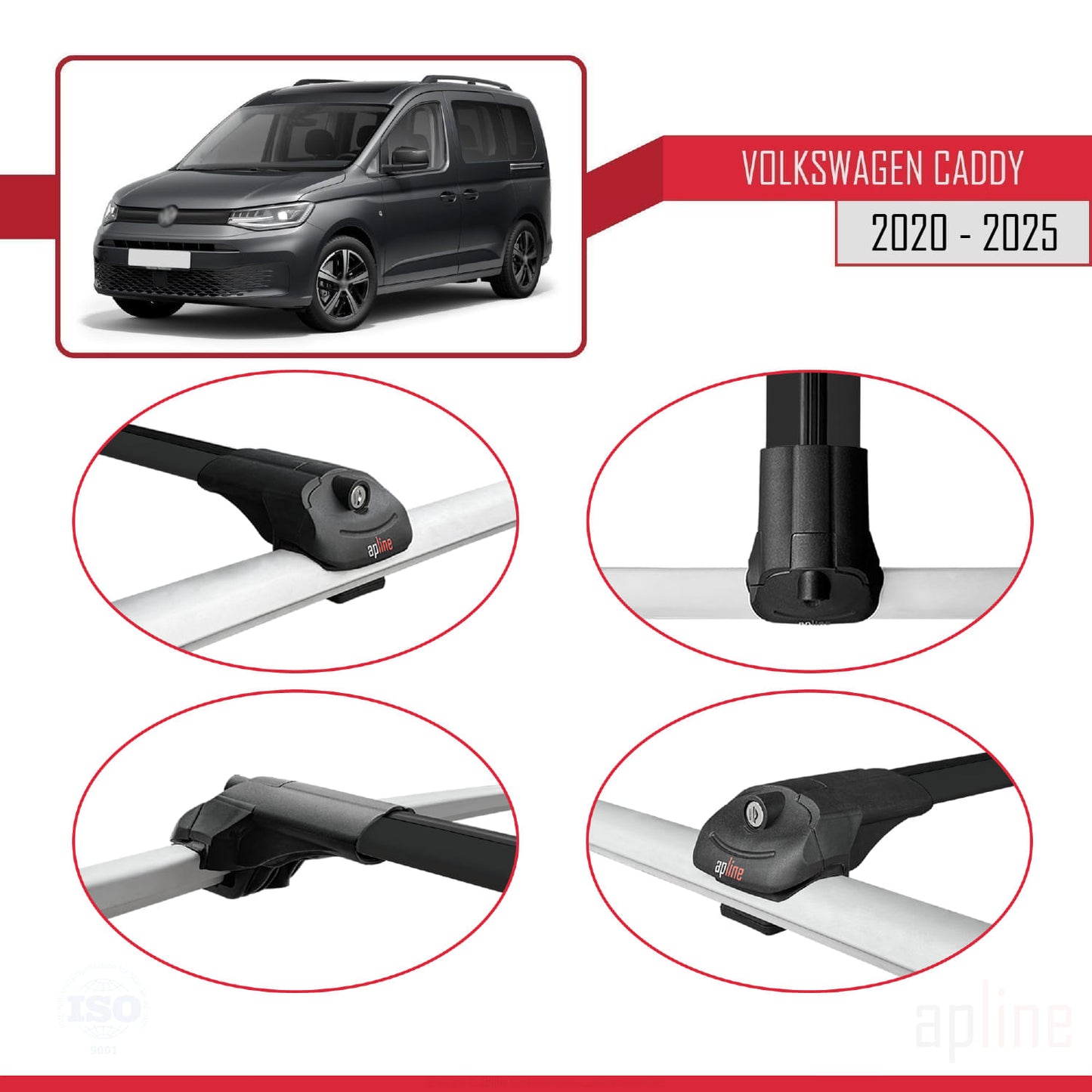 Compatible avec Volkswagen Caddy 4 (SB) 2020-2025 ACE-1 Barres de Toit Railing Porte-Bagages de Voiture Noir Aluminium 2 Barres