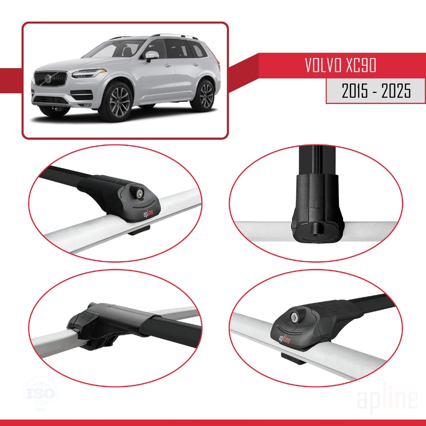 Compatible avec Volvo XC90 II 2015-2025 ACE-1 Barres de Toit Railing Porte-Bagages de Voiture Noir Aluminium 3 Barres