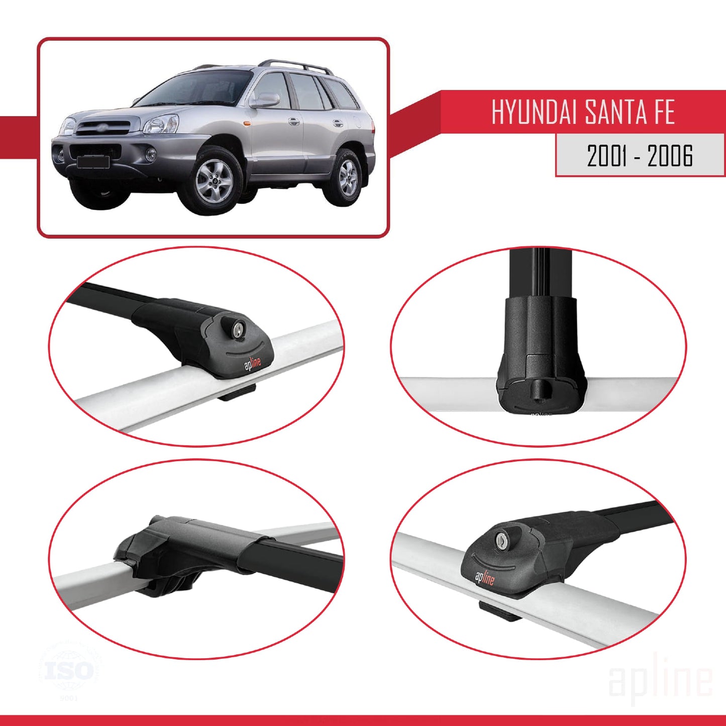 ACE-1 Dakdrager bagagedrager compatibel met Hyundai Santa Fe (SM) 2001-2006 Spoorstaven Zwart Aluminium 2 Staven