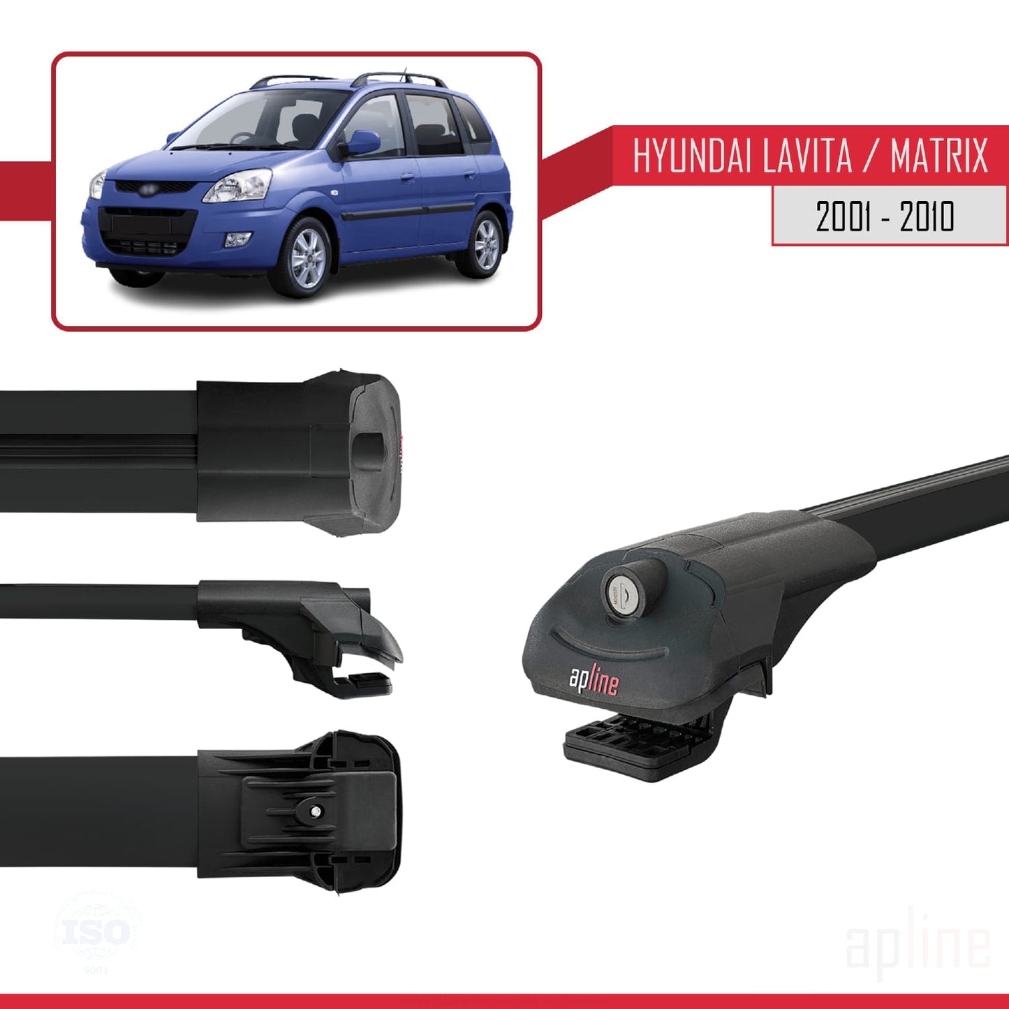 Compatible with Hyundai Matrix (FC) 2001-2010 ACE-1 Car Roof Rack Cross Bar Black Aluminium 3 Bars