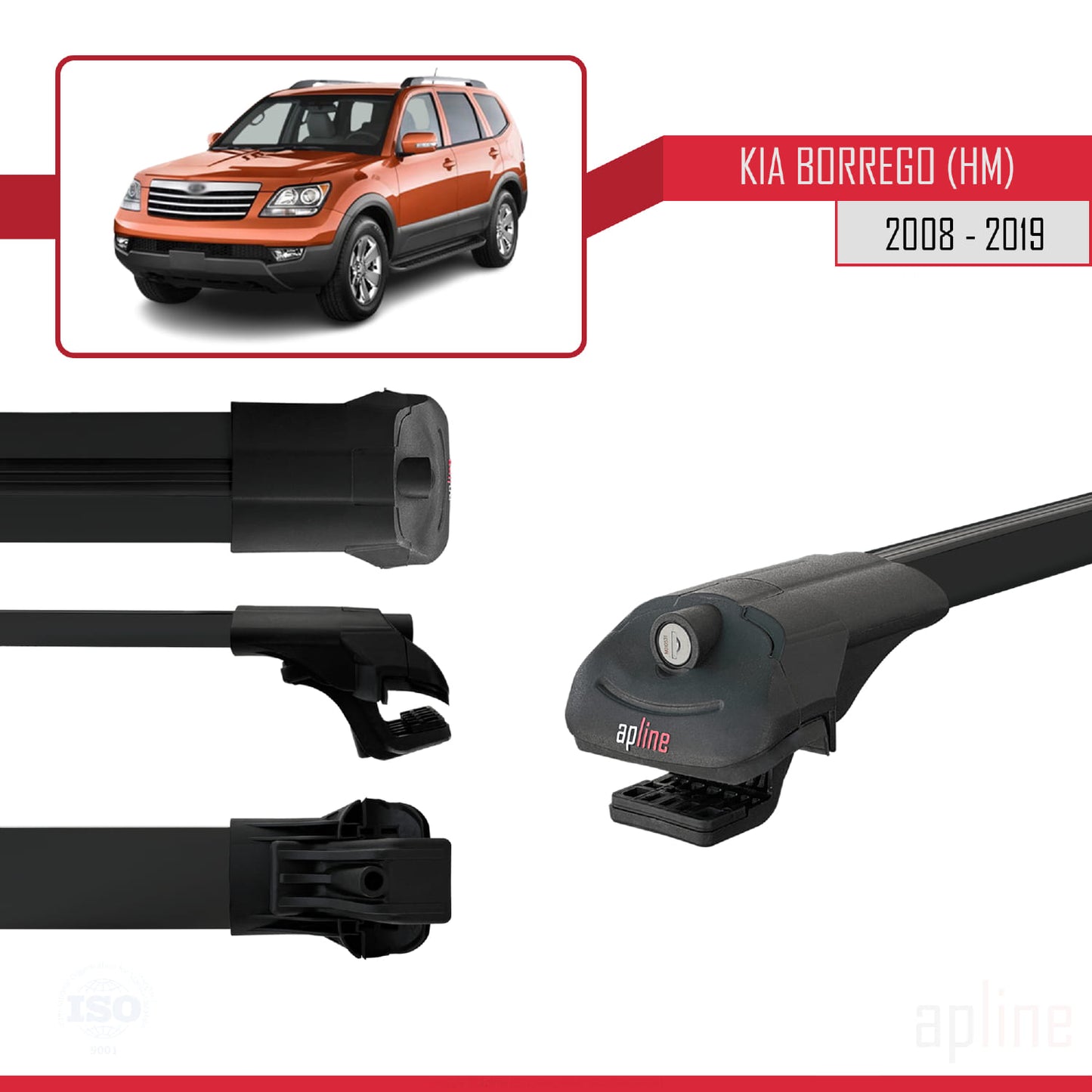 ACE-1 Dakdrager bagagedrager compatibel met Kia Borrego (HM) 2008-2019 Spoorstaven Zwart Aluminium 3 Staven