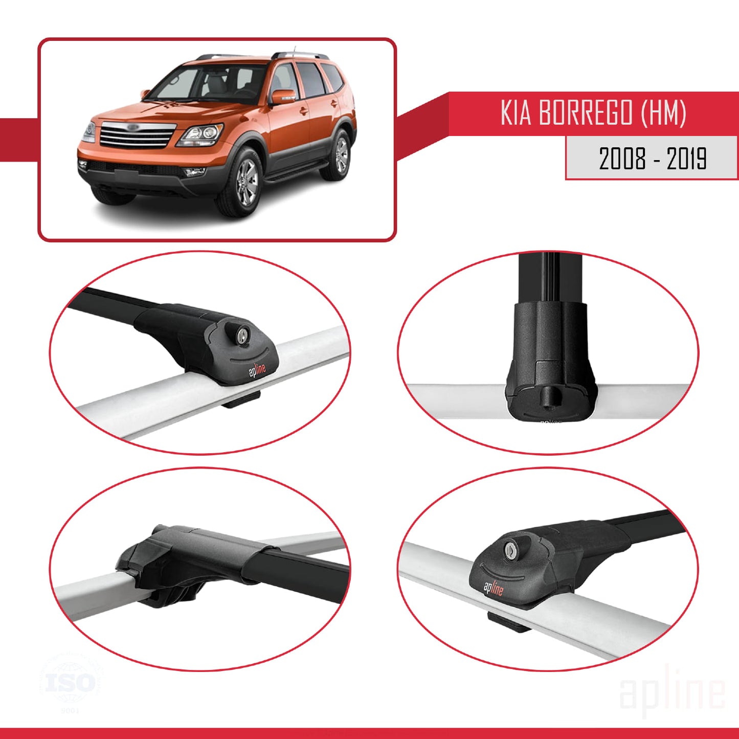 ACE-1 Dakdrager bagagedrager compatibel met Kia Borrego (HM) 2008-2019 Spoorstaven Zwart Aluminium 2 Staven