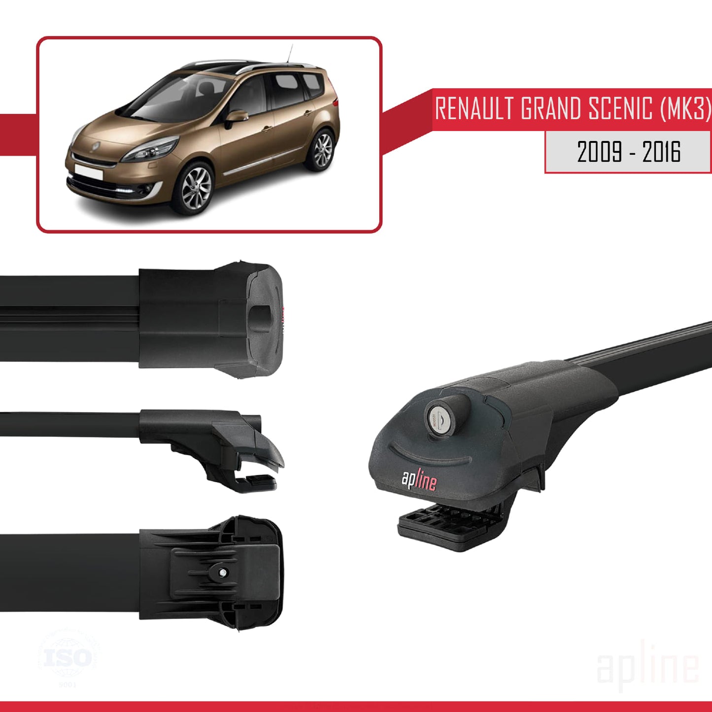 Compatible with Renault Grand Scenic 3 2009-2016 ACE-1 Car Roof Rack Cross Bar Black Aluminium 2 Bars