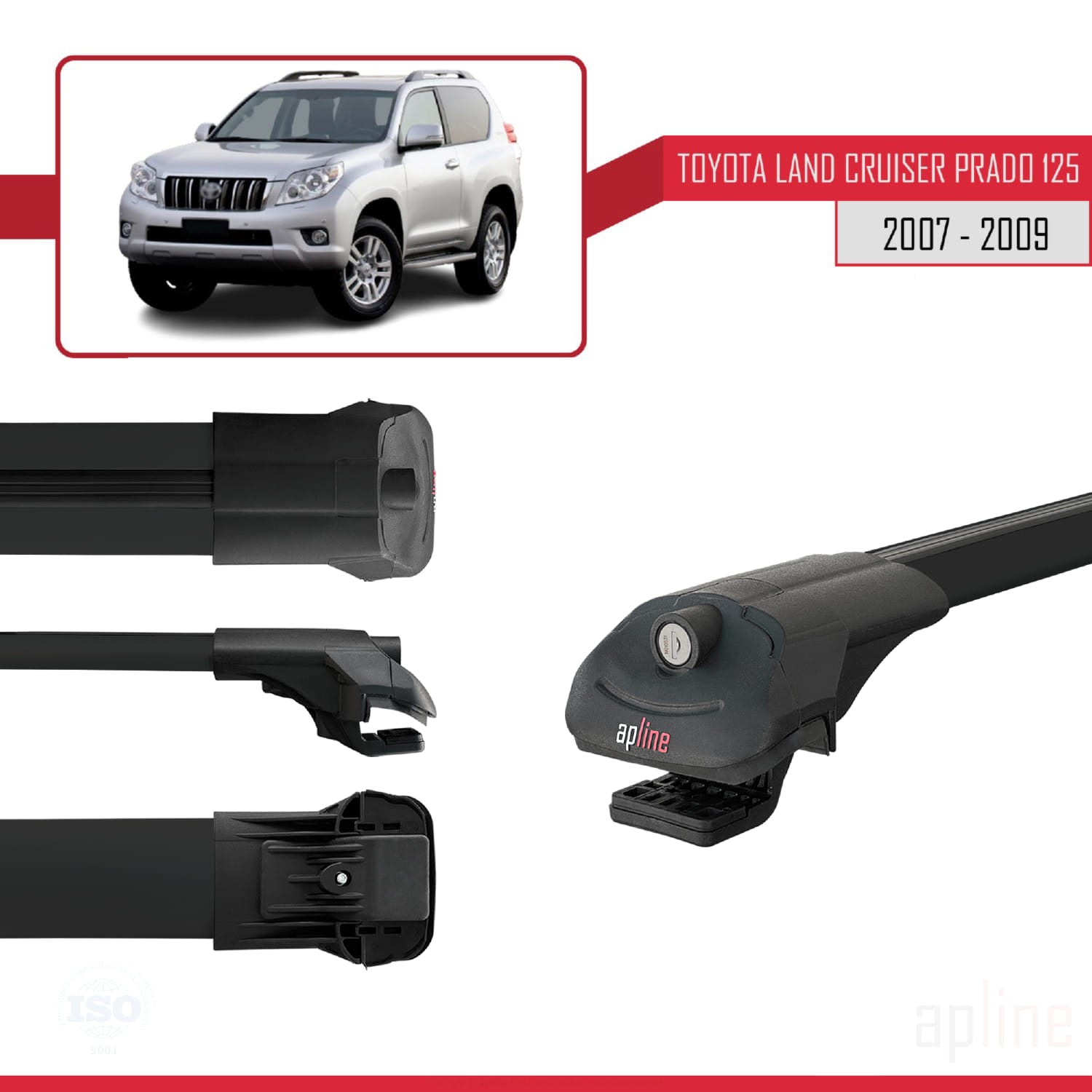 Compatible avec Toyota Land Cruiser Prado (J125) 2007-2009 ACE-1 Barres de Toit Railing Porte-Bagages de Voiture Noir Aluminium 3 Barres