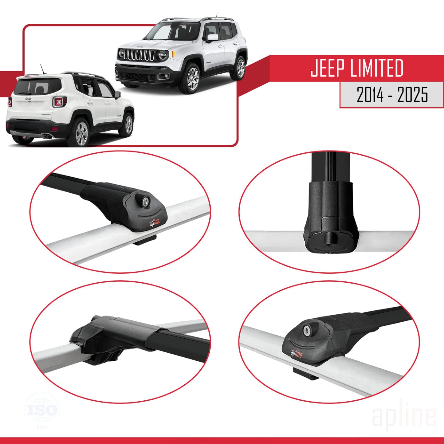 Compatible avec Jeep Limited 2014-2025 ACE-1 Barres de Toit Railing Porte-Bagages de Voiture Noir Aluminium 3 Barres