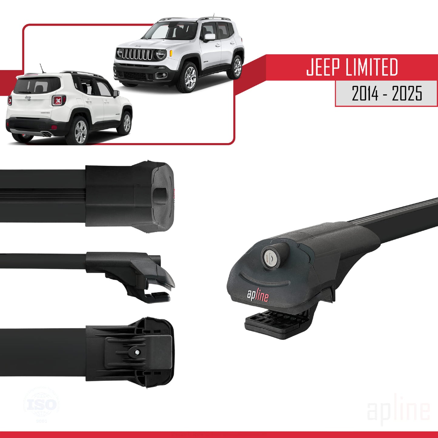 Compatible avec Jeep Limited 2014-2025 ACE-1 Barres de Toit Railing Porte-Bagages de Voiture Noir Aluminium 2 Barres