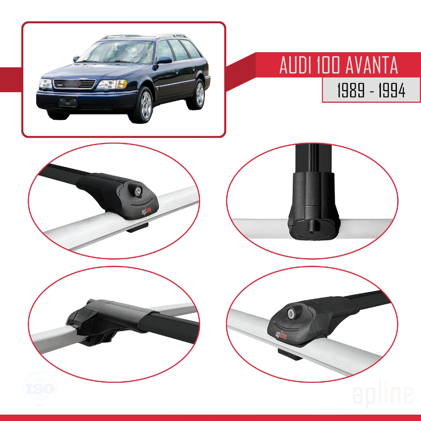 Compatible avec Audi 100 Avanta 1989-1994 ACE-1 Barres de Toit Railing Porte-Bagages de Voiture Noir Aluminium 2 Barres