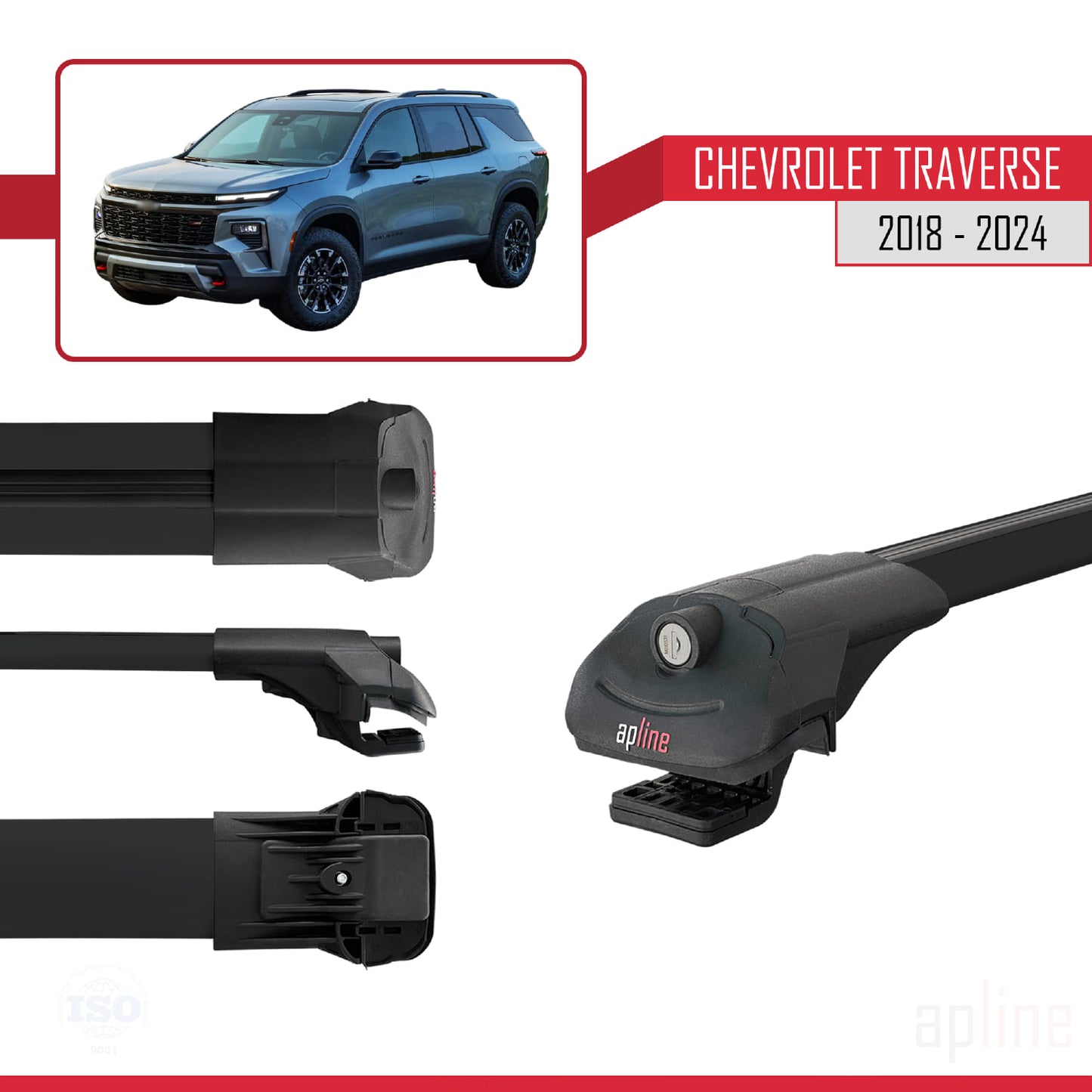 Compatible avec Chevrolet Traverse 2018-2024 ACE-1 Barres de Toit Railing Porte-Bagages de Voiture Noir Aluminium 3 Barres