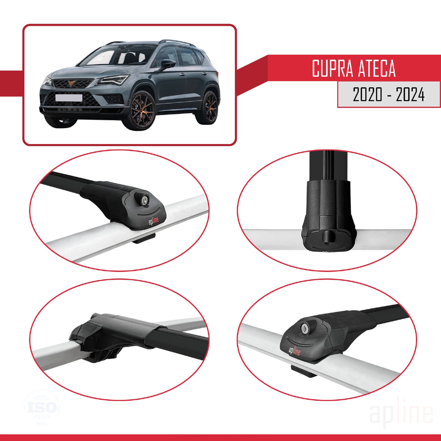 Compatible avec Cupra Ateca 2020-2024 ACE-1 Barres de Toit Railing Porte-Bagages de Voiture Noir Aluminium 3 Barres