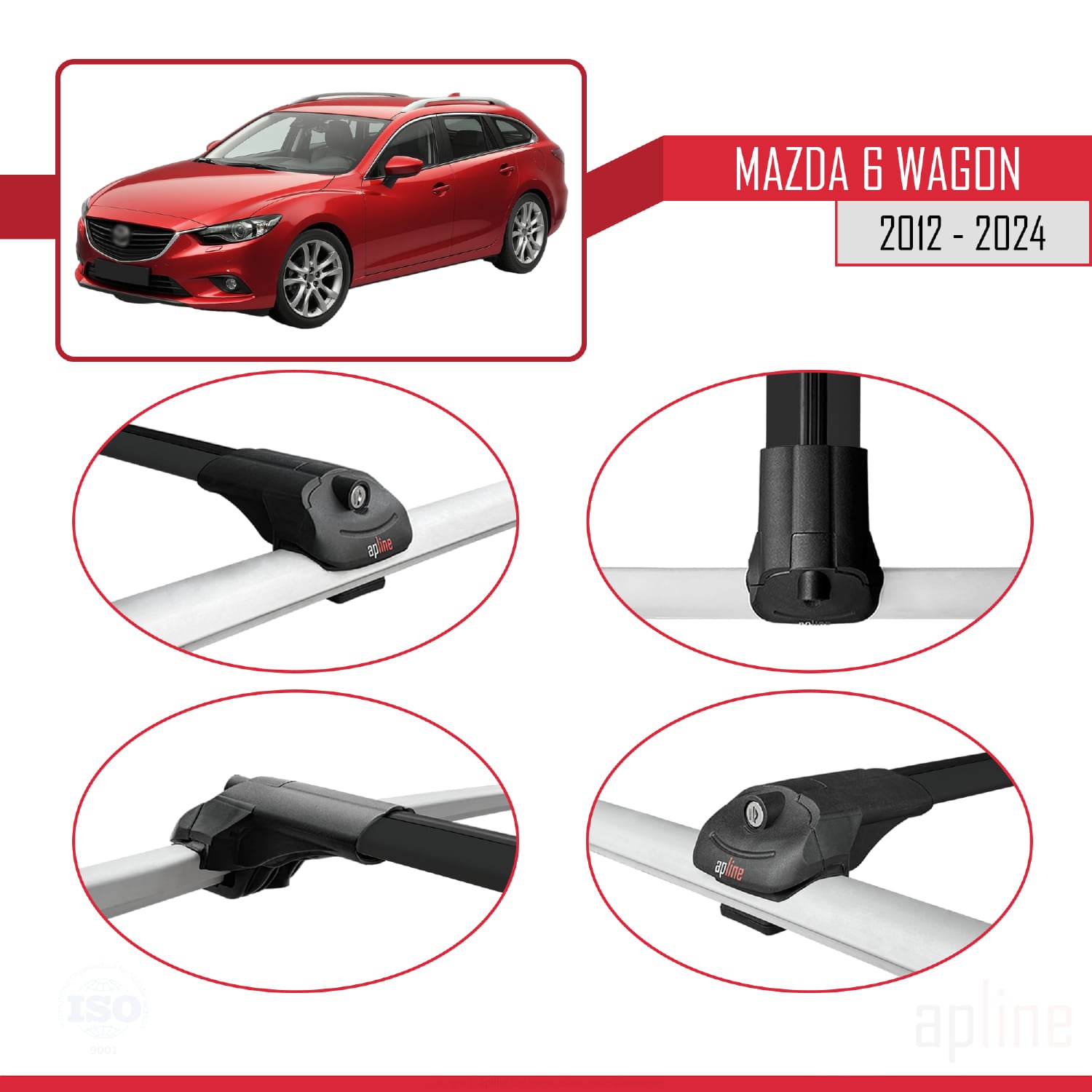 Compatible avec Mazda 6 Wagon 2012-2024 ACE-1 Barres de Toit Railing Porte-Bagages de Voiture Noir Aluminium 3 Barres